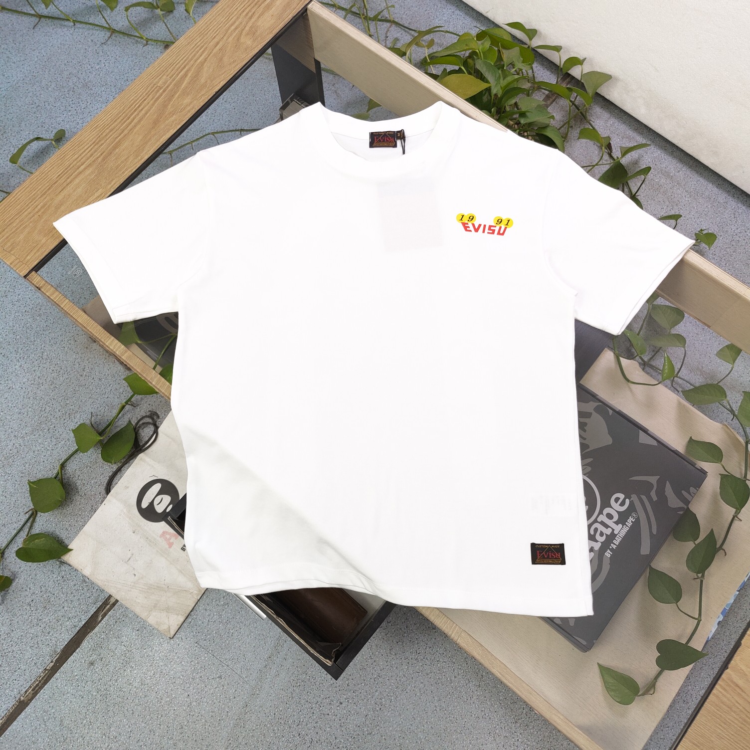 Evisu Clothing T-Shirt Black White Printing Unisex Combed Cotton Spring/Summer Collection Short Sleeve