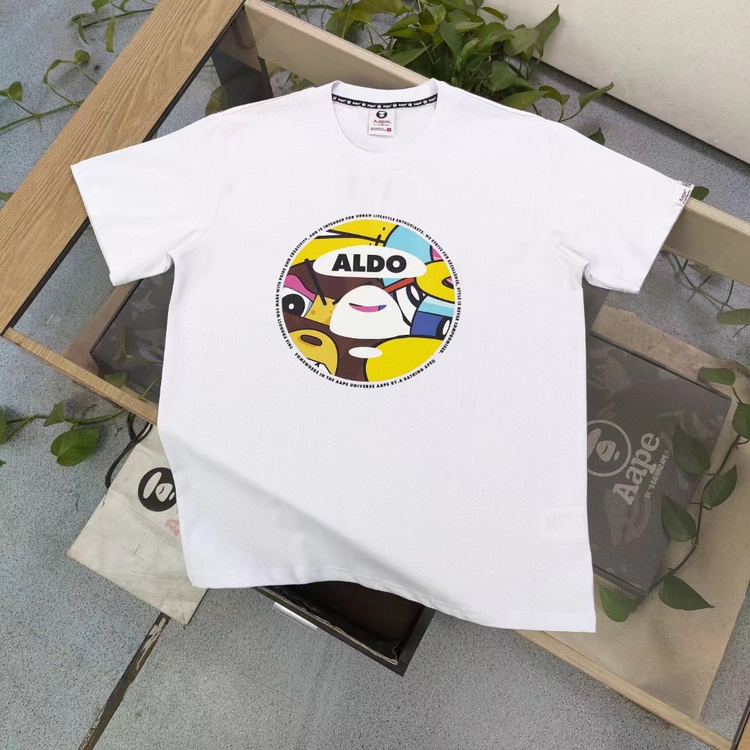 Aape 1:1
 Clothing T-Shirt Black White Printing Unisex Cotton Spring/Summer Collection Short Sleeve