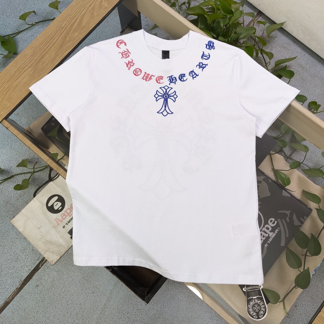 Chrome Hearts Clothing T-Shirt Black White Embroidery Unisex Silk Short Sleeve