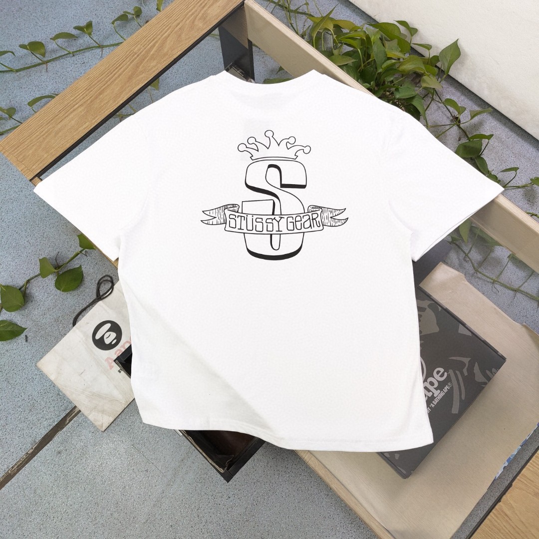 Replica US
 Stussy Luxury
 Clothing T-Shirt Black White Printing Unisex Combed Cotton Spring/Summer Collection Short Sleeve