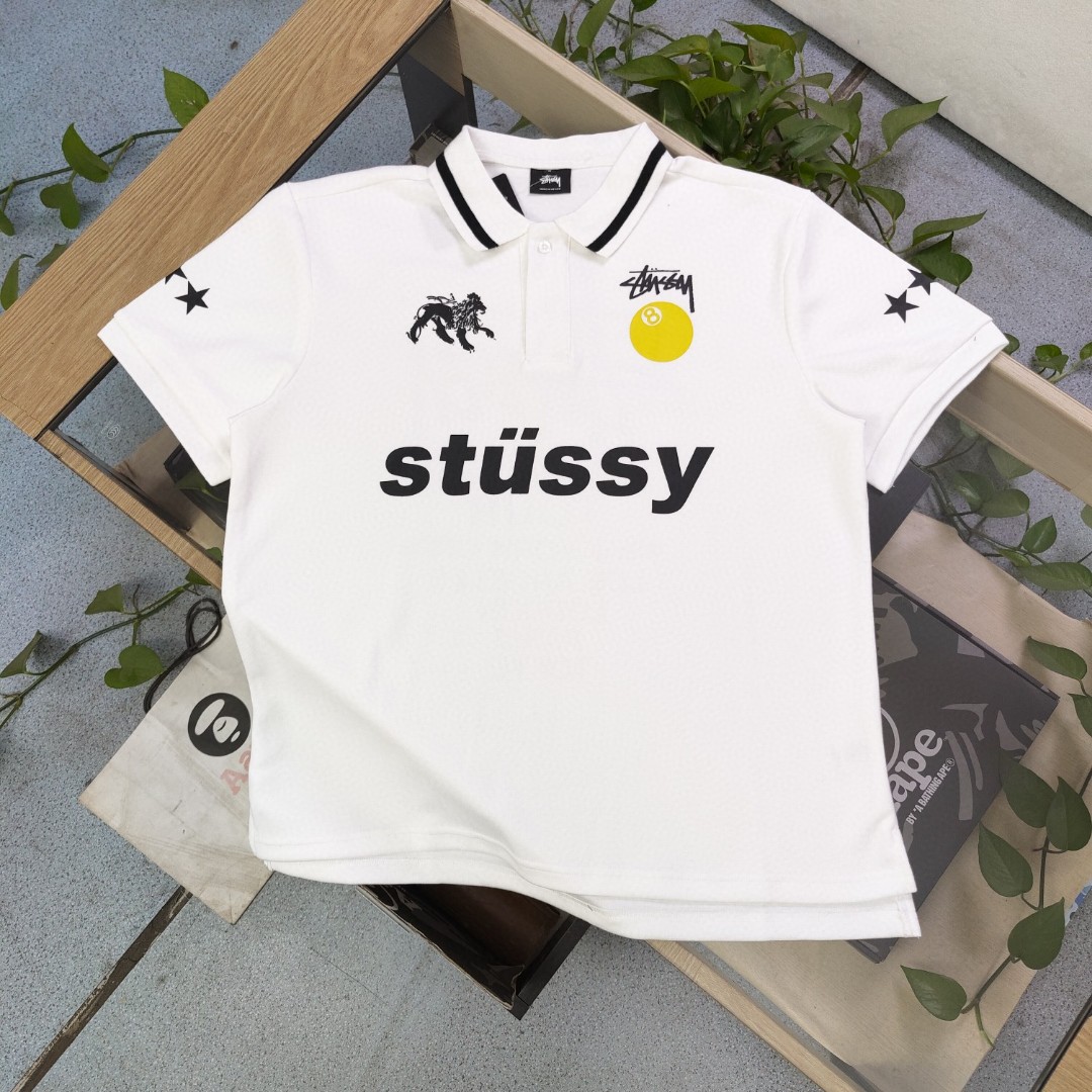 Stussy Clothing Polo T-Shirt Black White Printing Unisex Spring/Summer Collection Short Sleeve