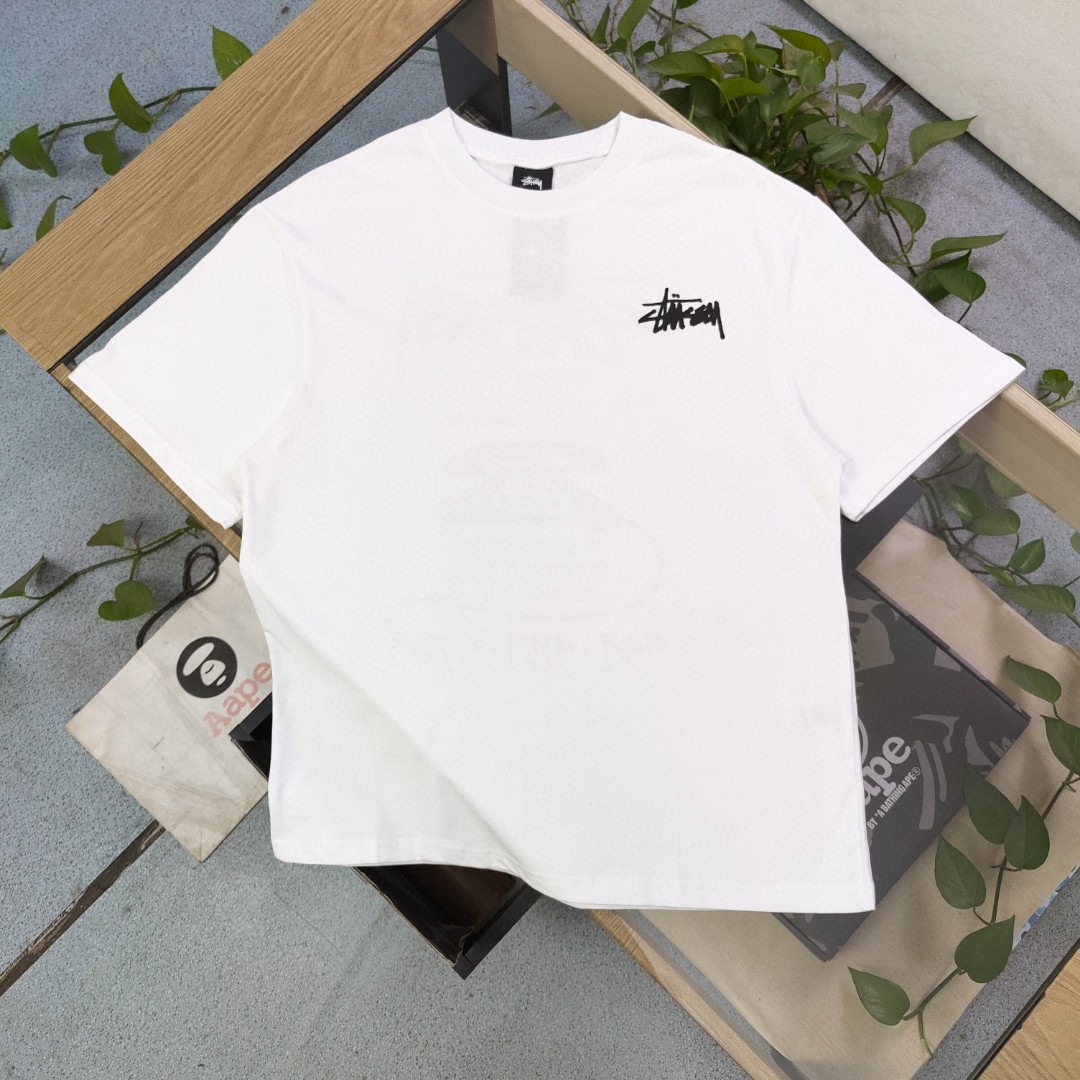 Stussy Clothing T-Shirt Black White Printing Unisex Combed Cotton Spring/Summer Collection Short Sleeve