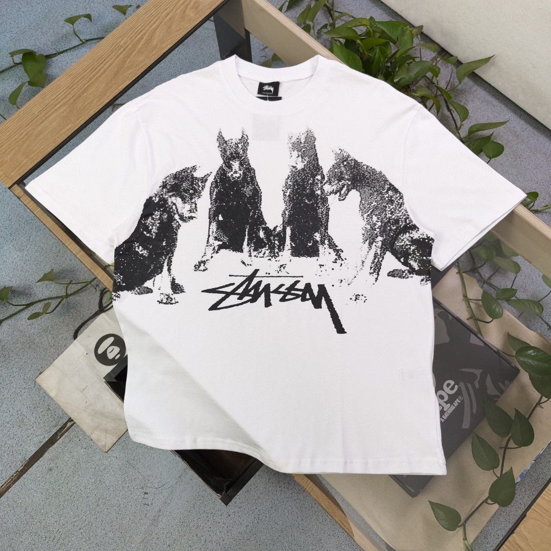 Stussy Clothing T-Shirt Black White Printing Unisex Combed Cotton Short Sleeve