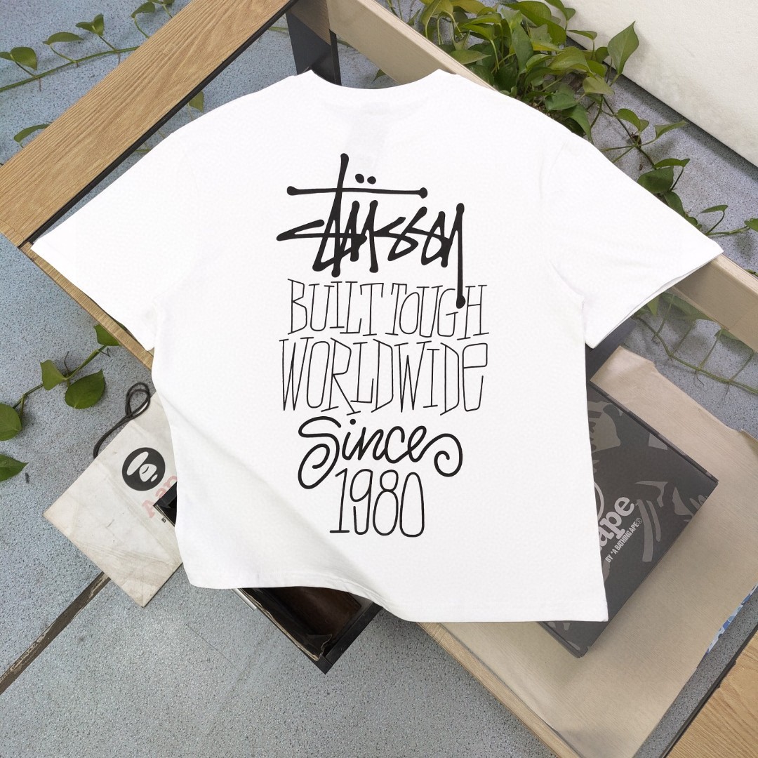 Stussy Clothing T-Shirt Black White Printing Unisex Combed Cotton Spring/Summer Collection Short Sleeve