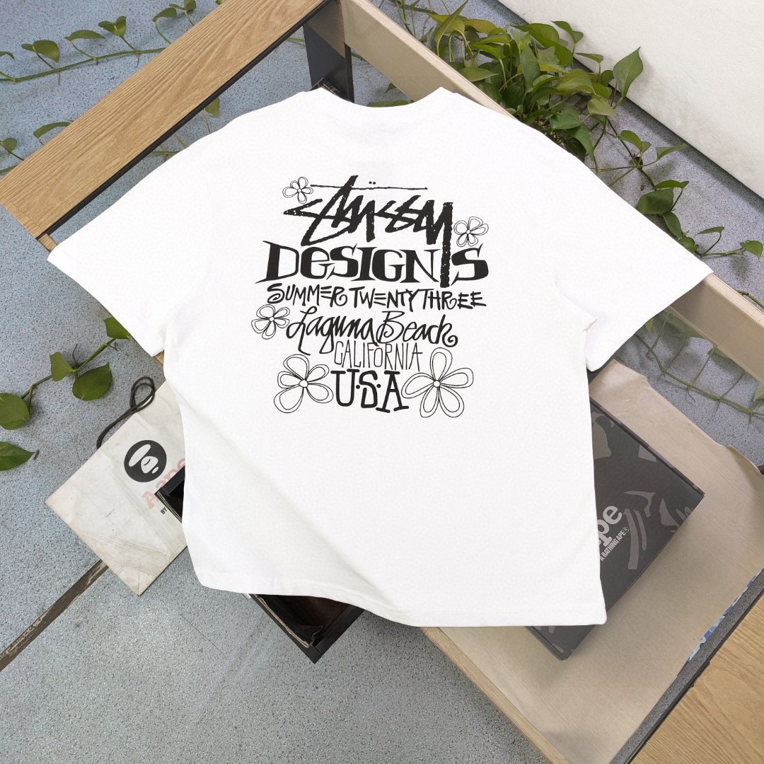 Stussy Clothing T-Shirt Black White Printing Unisex Combed Cotton Spring/Summer Collection Short Sleeve