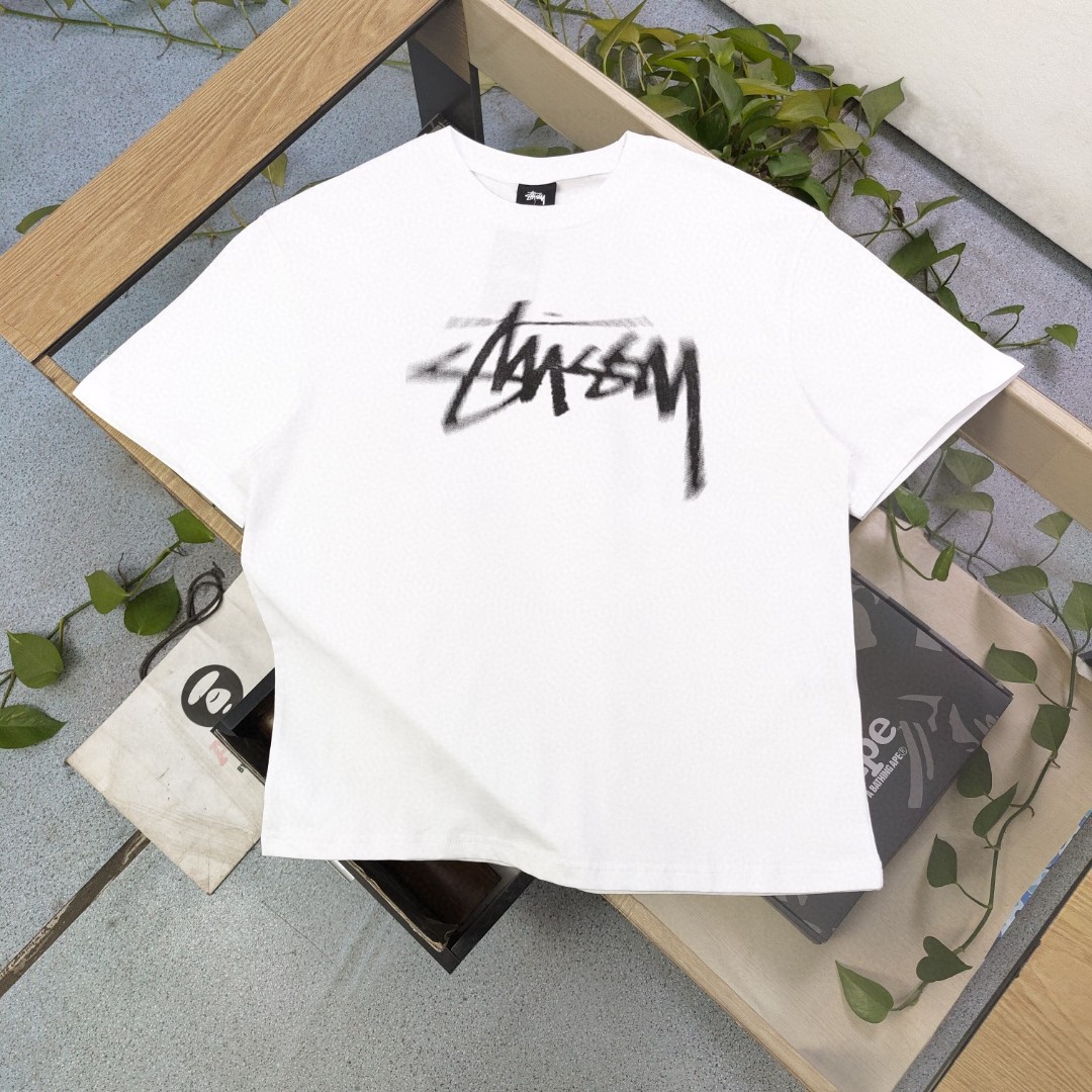 Stussy Clothing T-Shirt Black White Printing Unisex Combed Cotton Spring/Summer Collection Short Sleeve