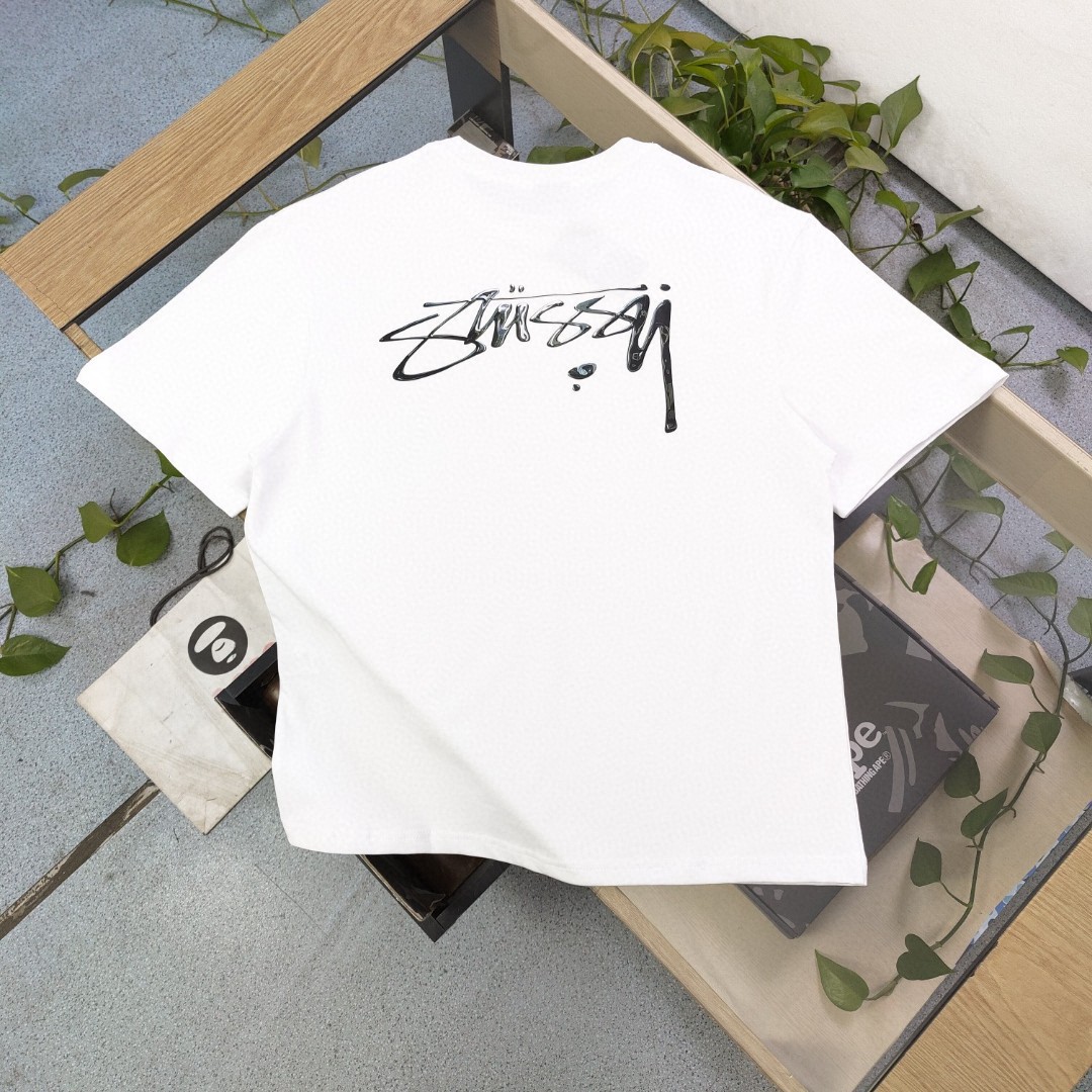 Stussy Clothing T-Shirt Black White Printing Unisex Combed Cotton Spring/Summer Collection Short Sleeve