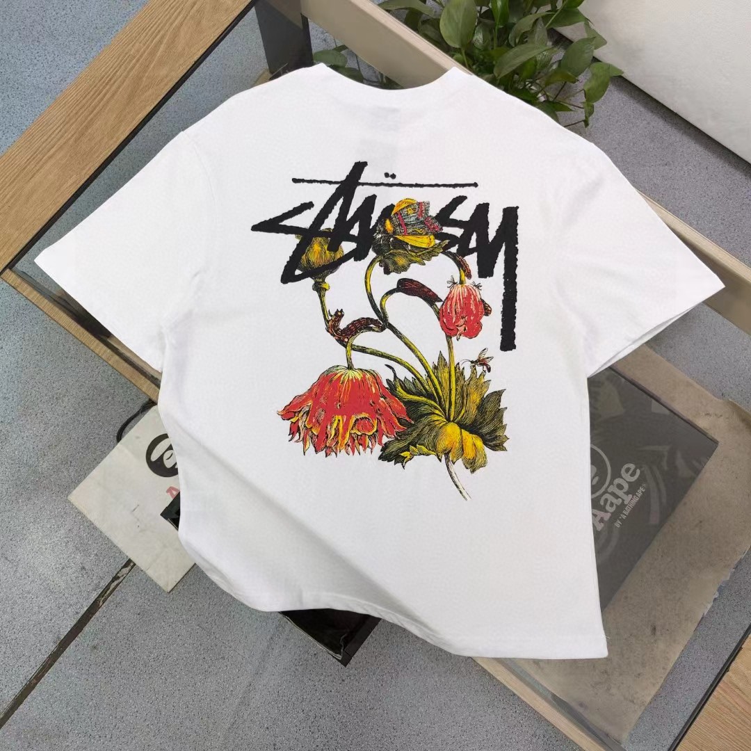 Stussy Clothing T-Shirt Black Rose White Printing Unisex Combed Cotton Spring/Summer Collection Short Sleeve