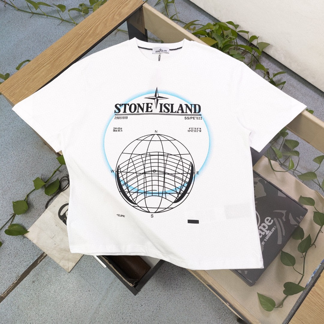 Stone Island Clothing T-Shirt Black White Embroidery Unisex Combed Cotton Spring/Summer Collection Short Sleeve