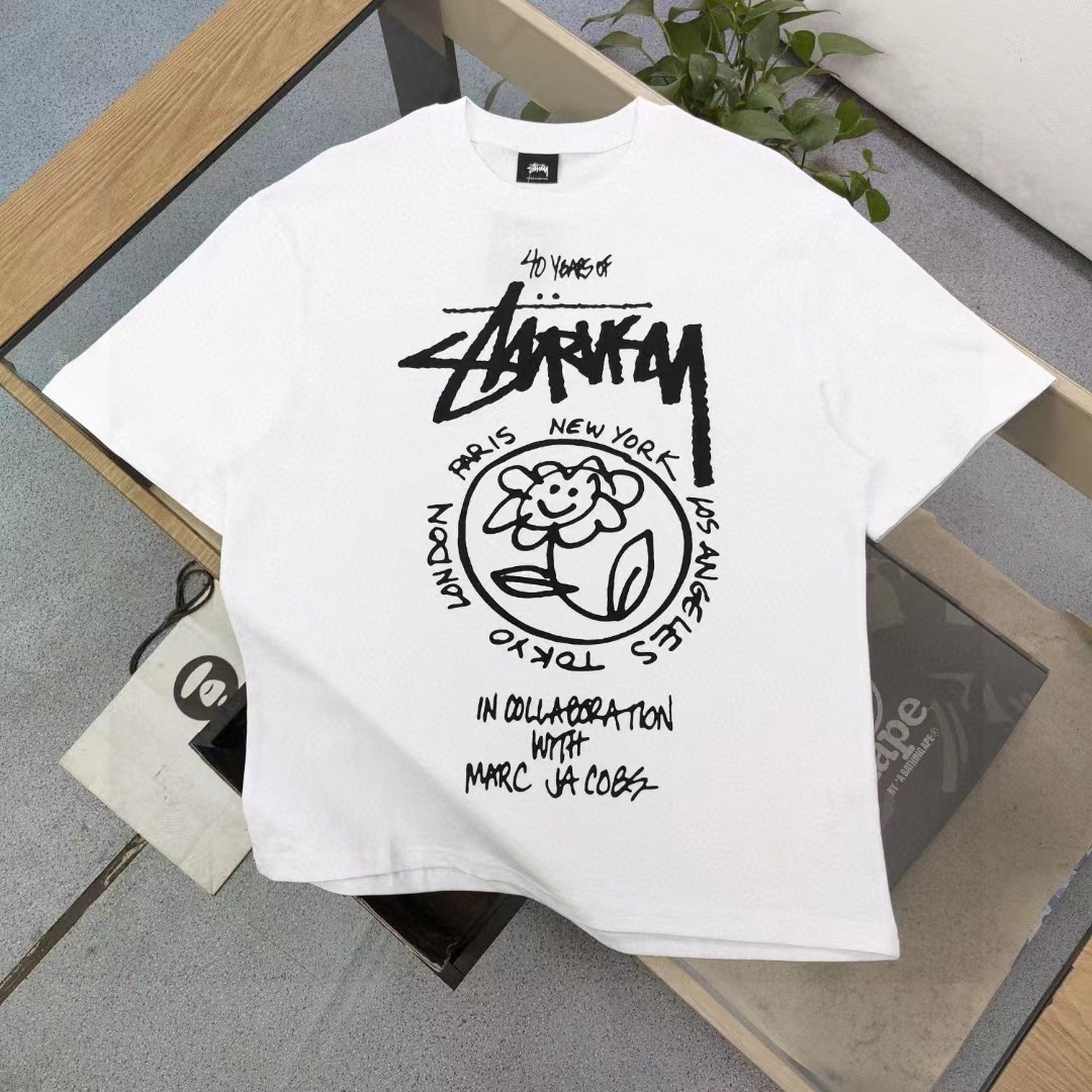 Stussy Clothing T-Shirt Black White Printing Unisex Combed Cotton Spring/Summer Collection Short Sleeve