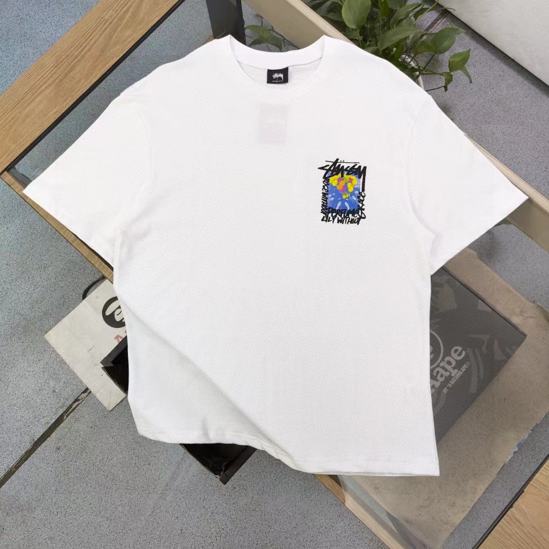 Stussy Clothing T-Shirt Same as Original
 Black Rose White Printing Unisex Combed Cotton Summer Collection Short Sleeve