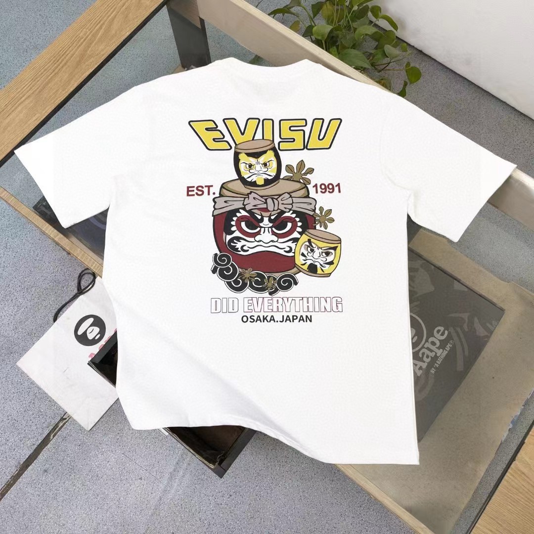 Evisu Shop
 Clothing T-Shirt Black White Printing Unisex Cotton Spring/Summer Collection Short Sleeve