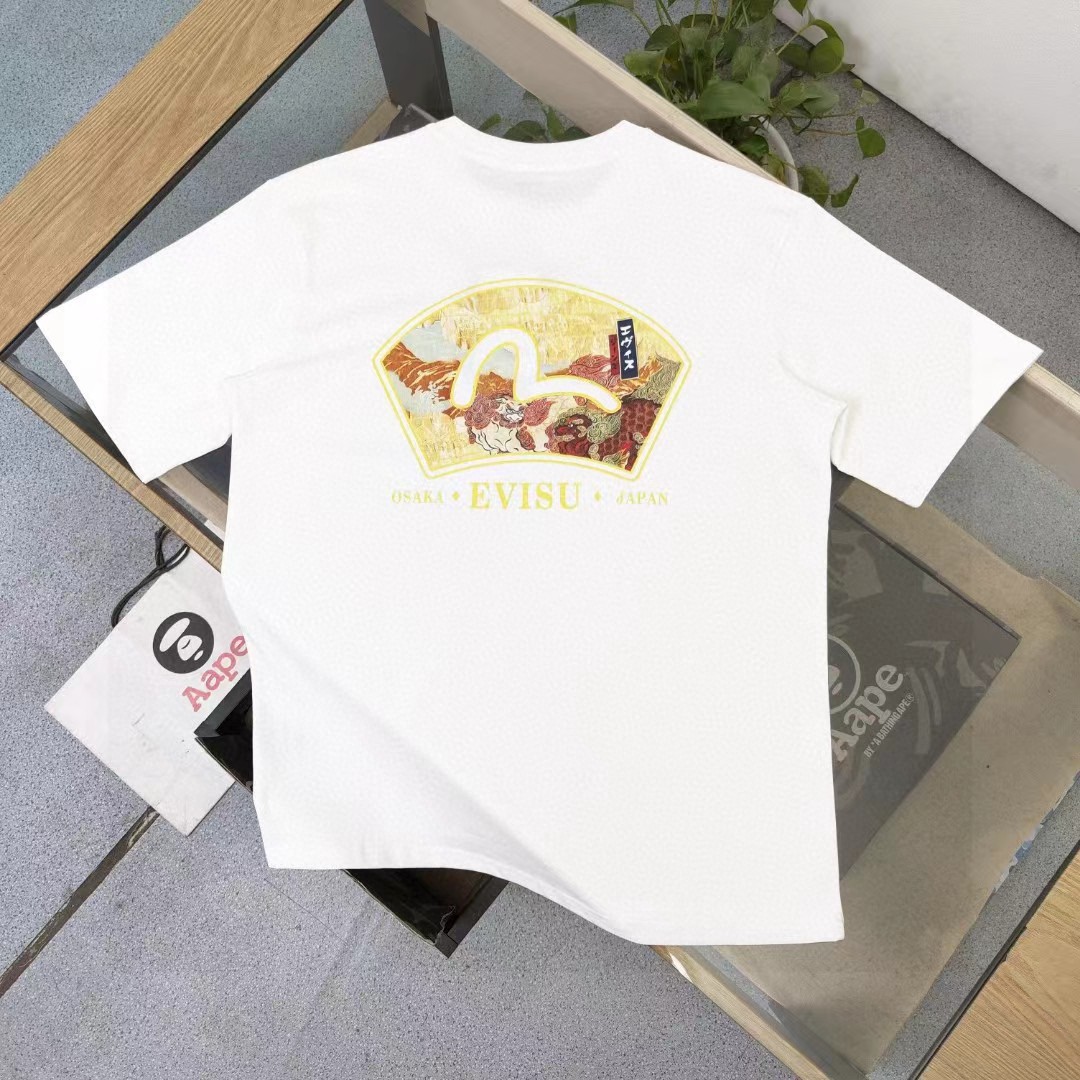 Outlet 1:1 Replica
 Evisu Clothing T-Shirt Black White Printing Unisex Cotton Spring/Summer Collection Short Sleeve