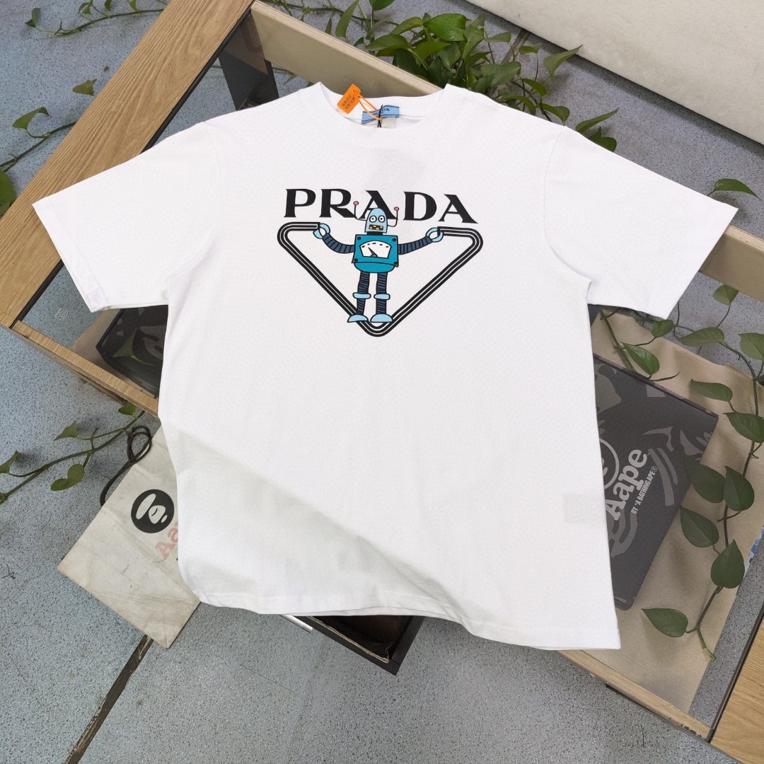 Prada Kleidung T-Shirt Schwarz Weiß Drucken Unisex Baumwolle Kurzarm