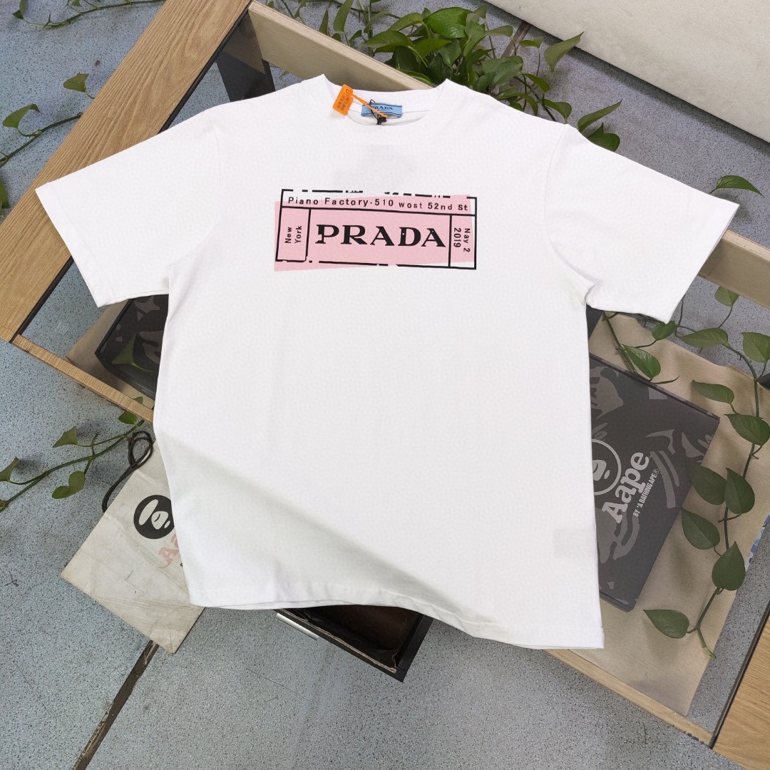 Prada Kleidung T-Shirt Replika AAA+ Designer
 Schwarz Weiß Drucken Unisex Baumwolle Kurzarm
