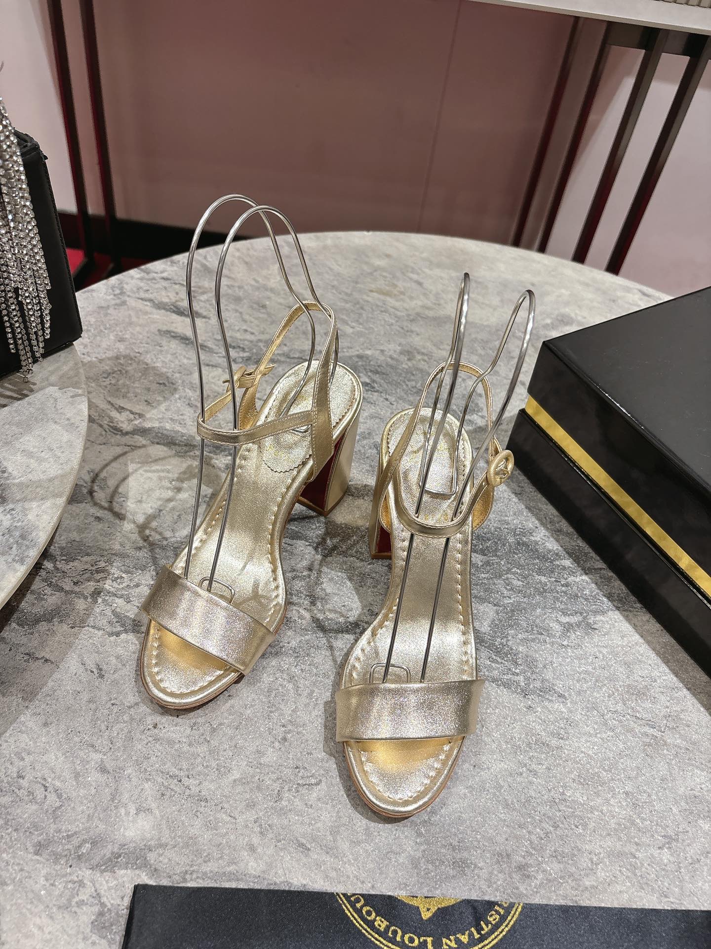 Christian Louboutin Gold Leather Block Heel Sandals, Ankle Strap, Size 35-39 3 i1744879429 8266 1