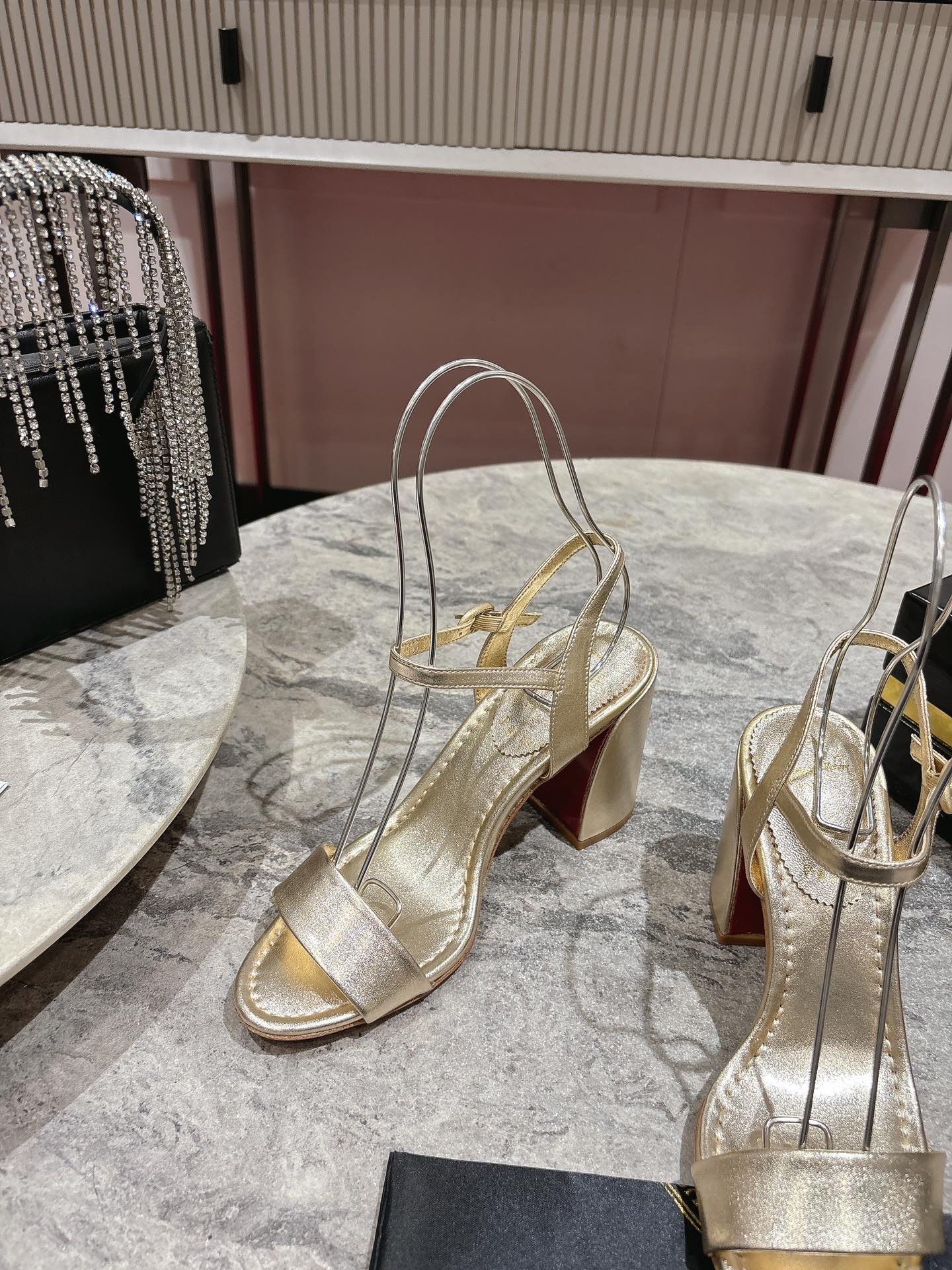 Christian Louboutin Gold Leather Block Heel Sandals, Ankle Strap, Size 35-39 5 i1744879430 4356 6