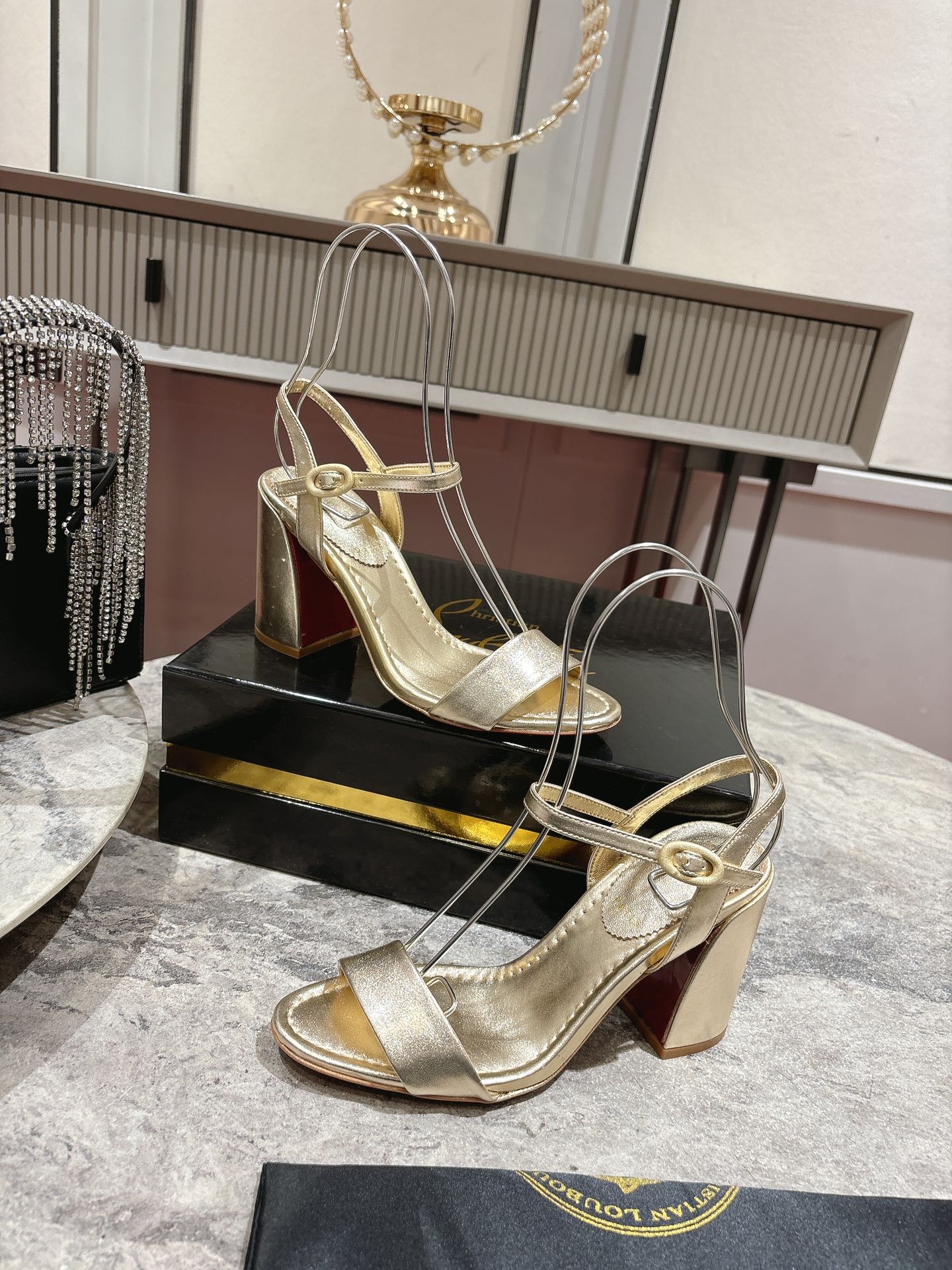 Christian Louboutin Gold Leather Block Heel Sandals, Ankle Strap, Size 35-39 1 Christian Louboutin Gold Leather Block Heel Sandals, Ankle Strap, Size 35-39