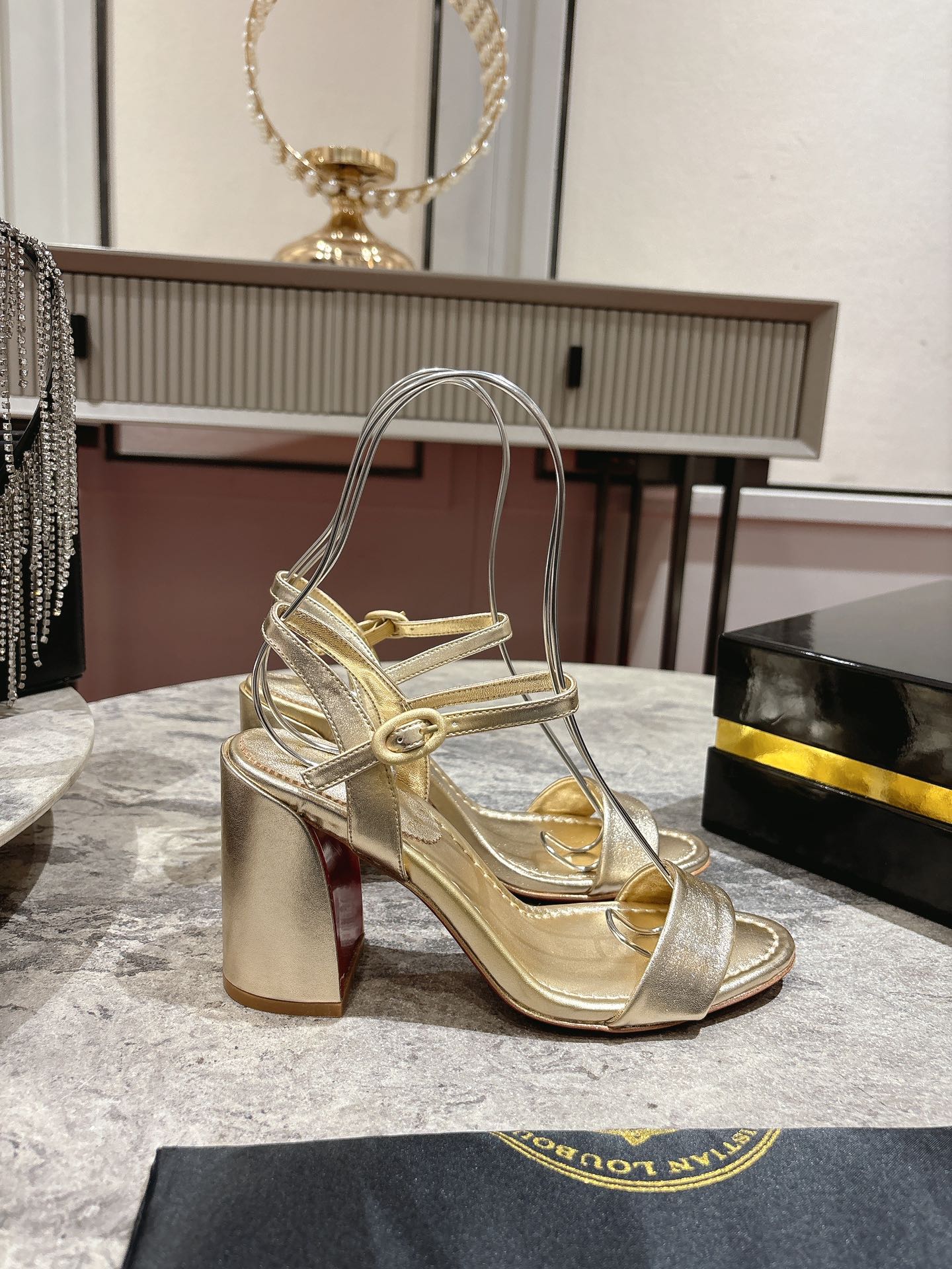 Christian Louboutin Gold Leather Block Heel Sandals, Ankle Strap, Size 35-39 6 i1744879430 5526 8