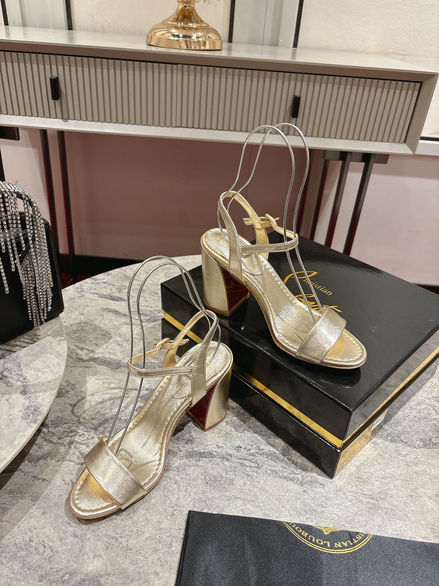 Christian Louboutin Gold Leather Block Heel Sandals, Ankle Strap, Size 35-39 4 i1744879430 8942 4