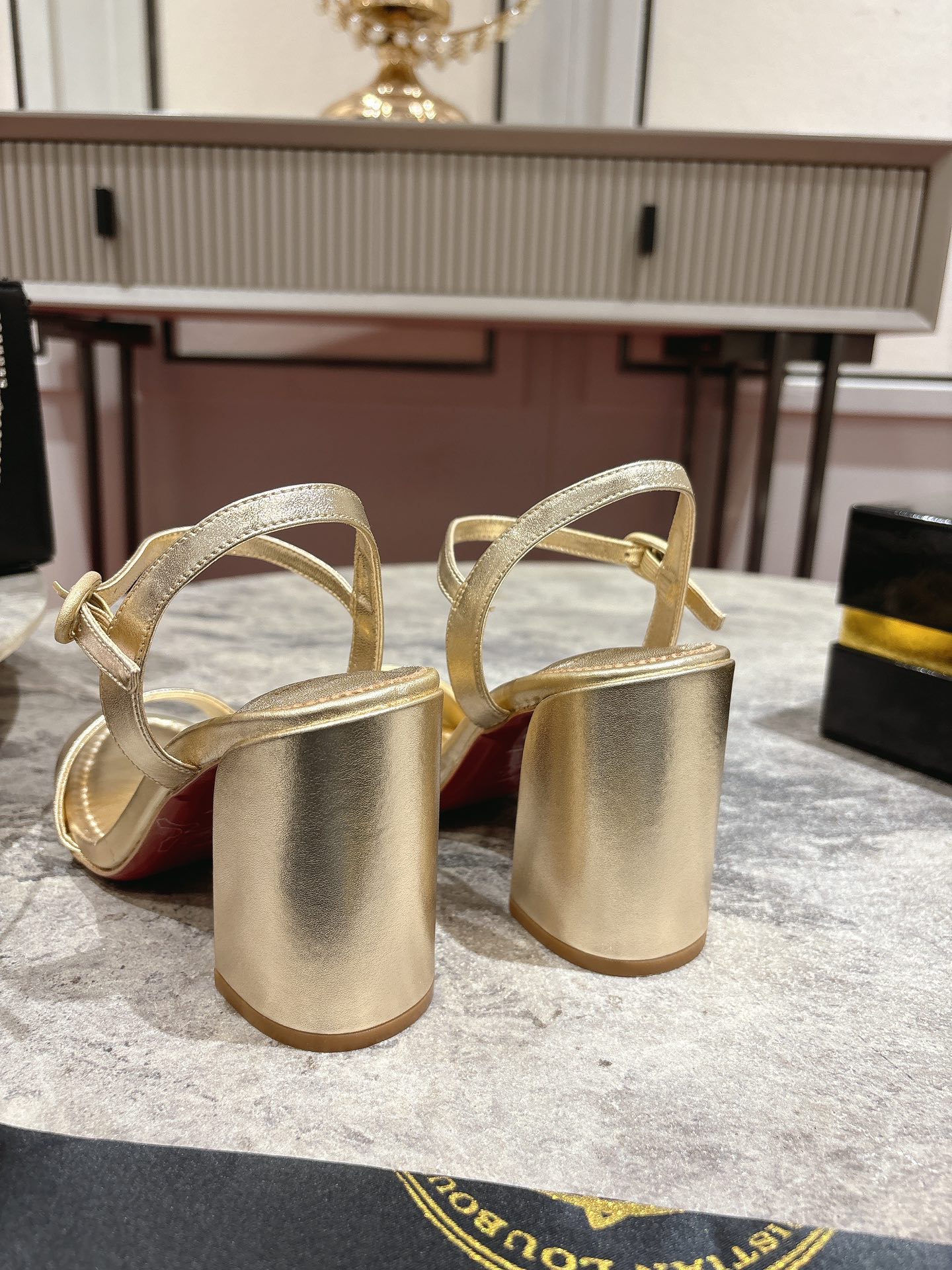 Christian Louboutin Gold Leather Block Heel Sandals, Ankle Strap, Size 35-39 9 i1744879430 8979 5