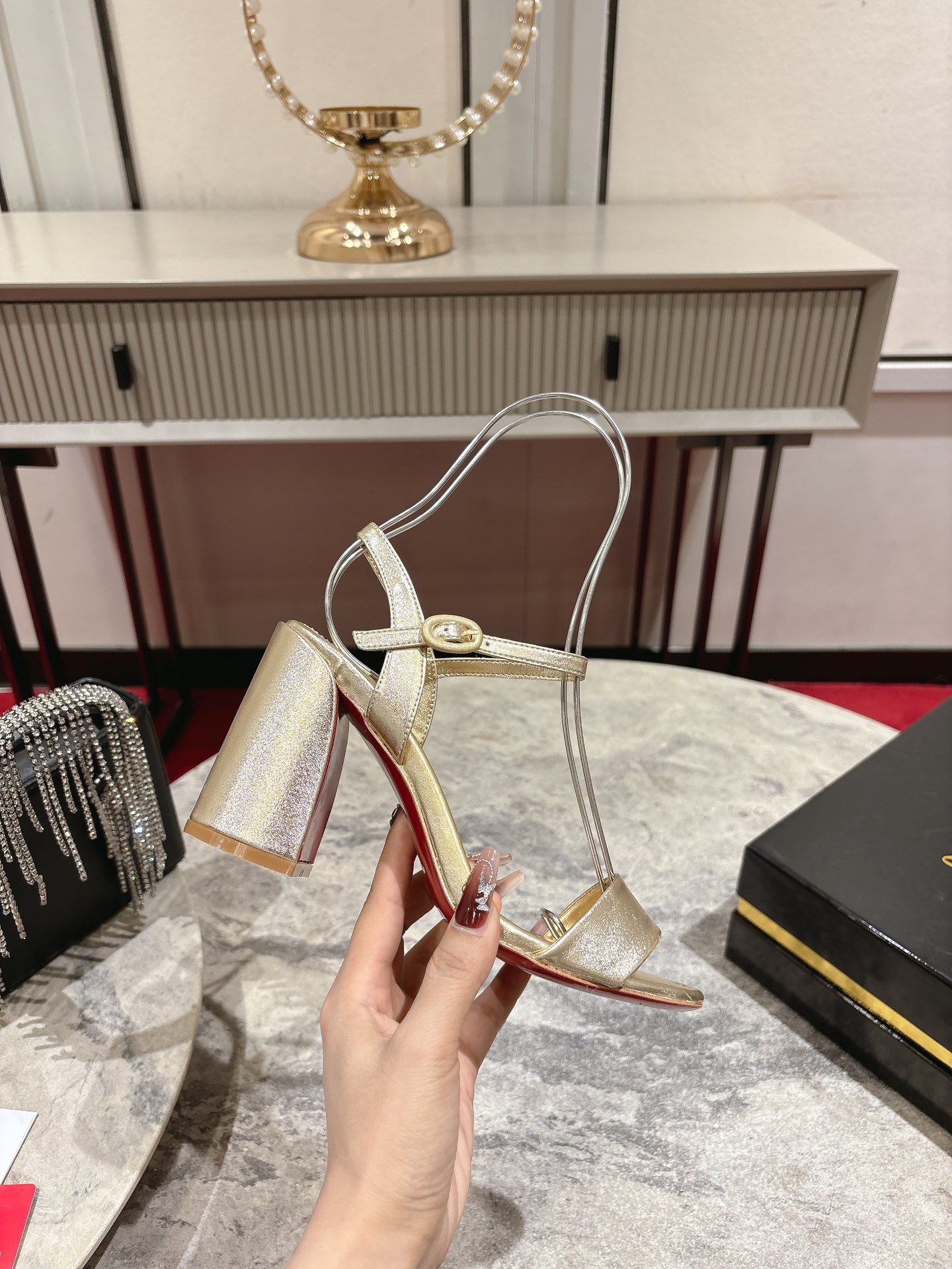 Christian Louboutin Gold Leather Block Heel Sandals, Ankle Strap, Size 35-39 8 i1744879430 9755 3