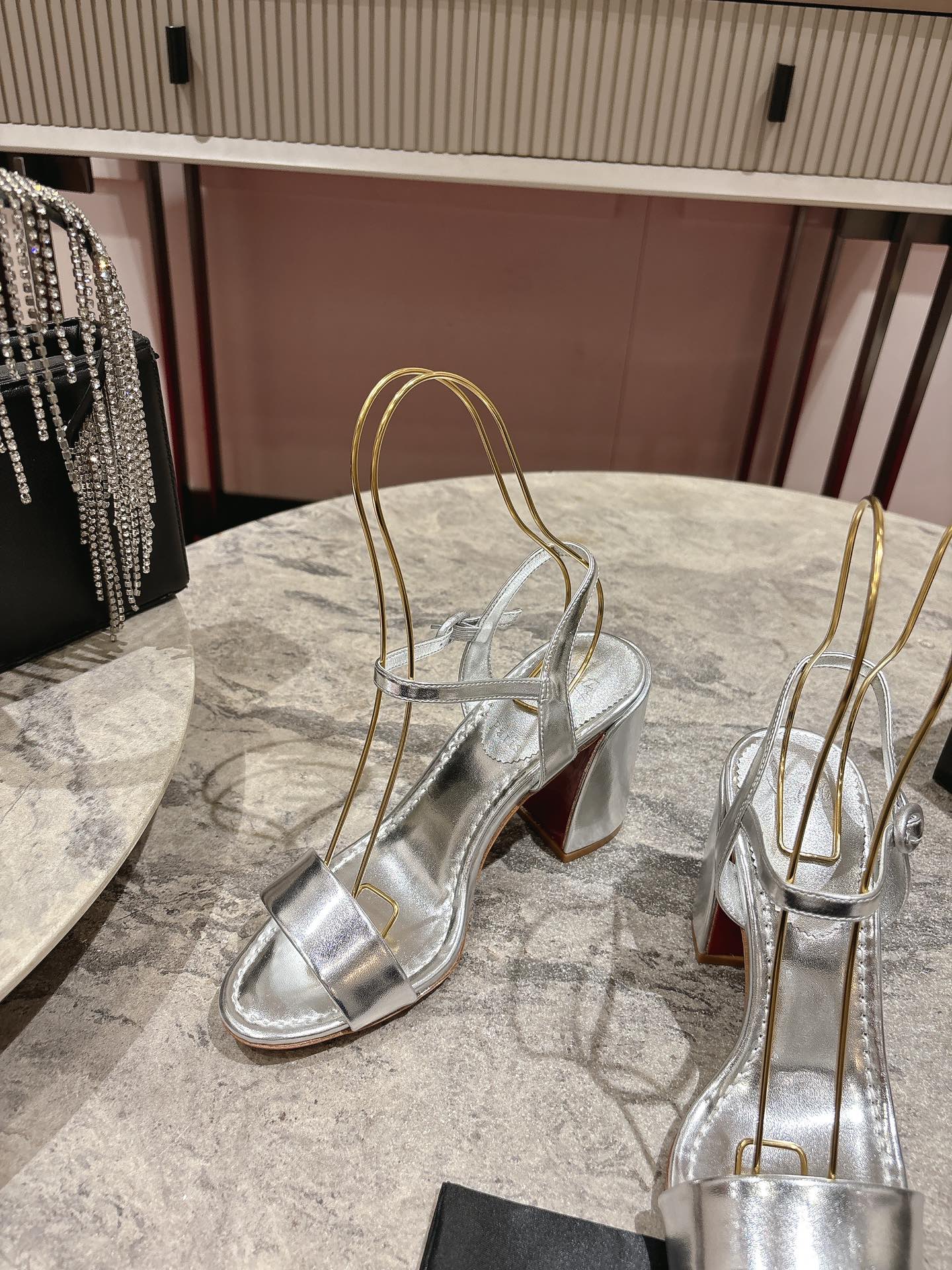 Christian Louboutin Silver Leather Block Heel Sandals, Size 35-39 5 i1744879458 3482 0