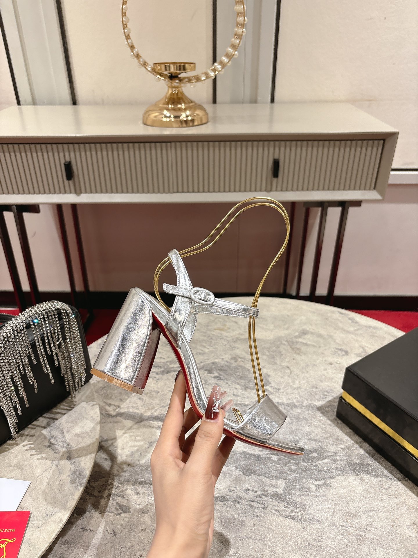 Christian Louboutin Silver Leather Block Heel Sandals, Size 35-39 7 i1744879458 5457 2