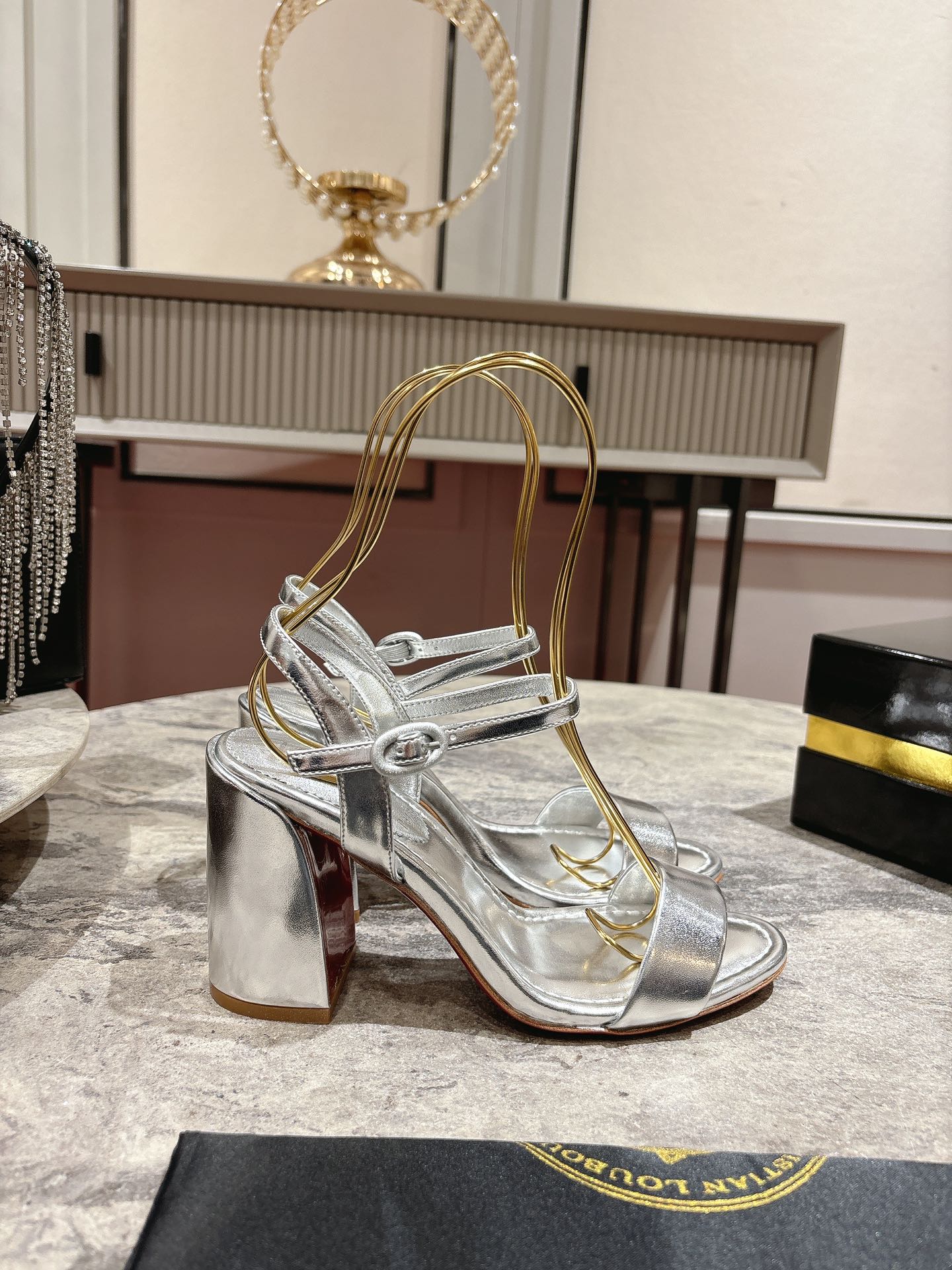 Christian Louboutin Silver Leather Block Heel Sandals, Size 35-39 6 i1744879458 9001 1