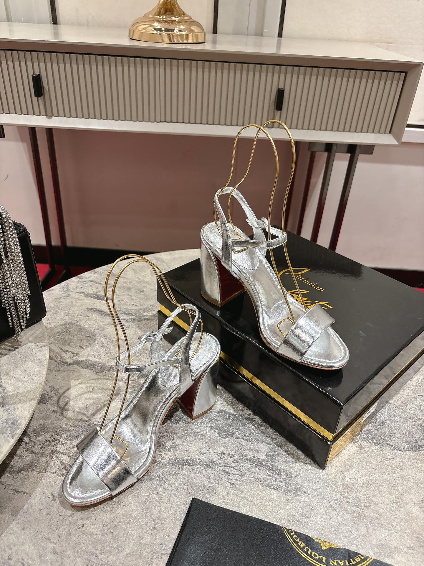 Christian Louboutin Silver Leather Block Heel Sandals, Size 35-39 4 i1744879459 1108 6