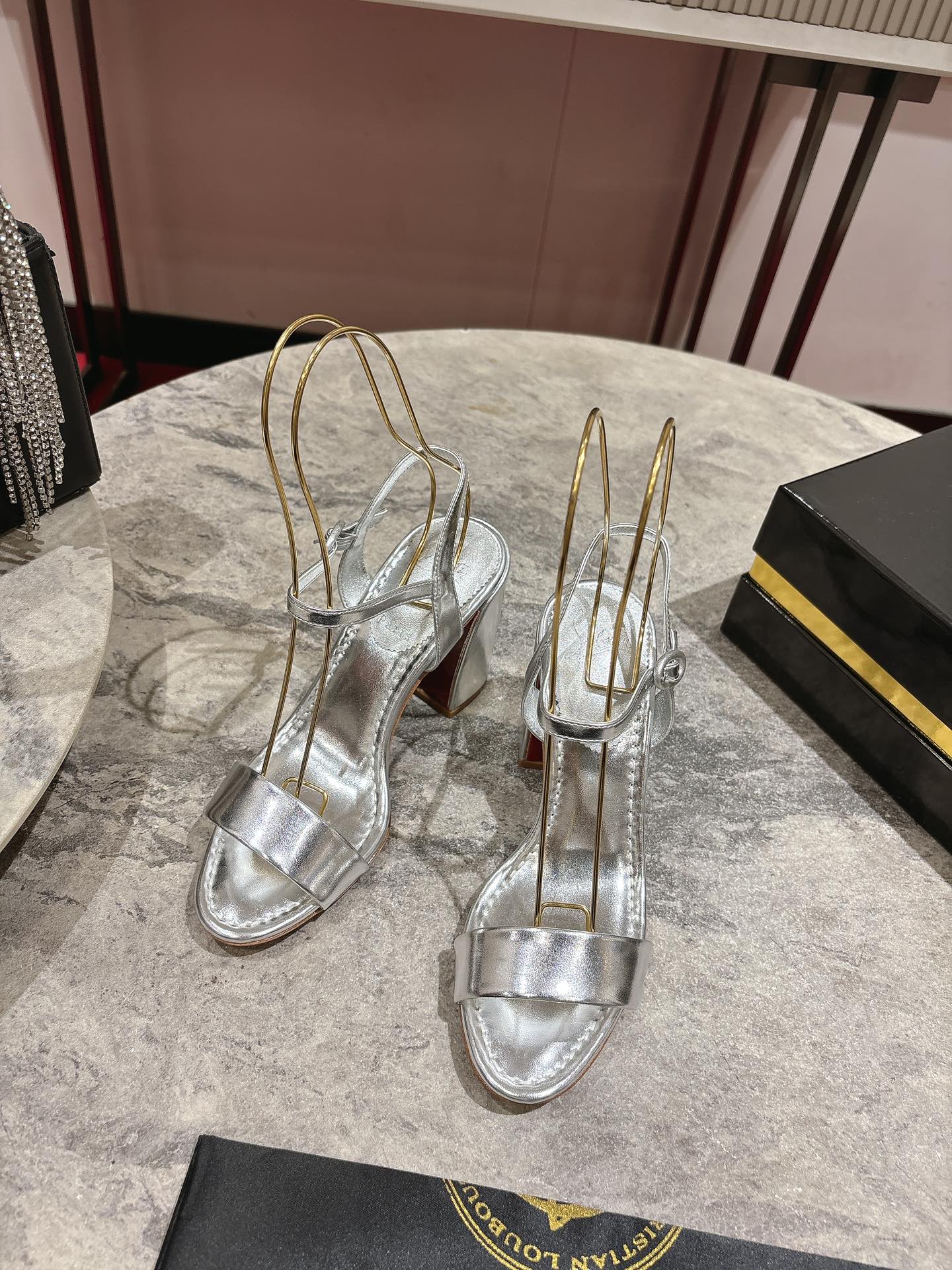 Christian Louboutin Silver Leather Block Heel Sandals, Size 35-39 3 i1744879459 3433 4