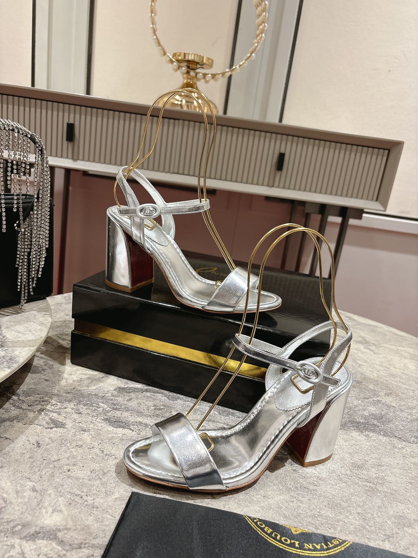 Christian Louboutin Silver Leather Block Heel Sandals, Size 35-39 2 i1744879459 495 5