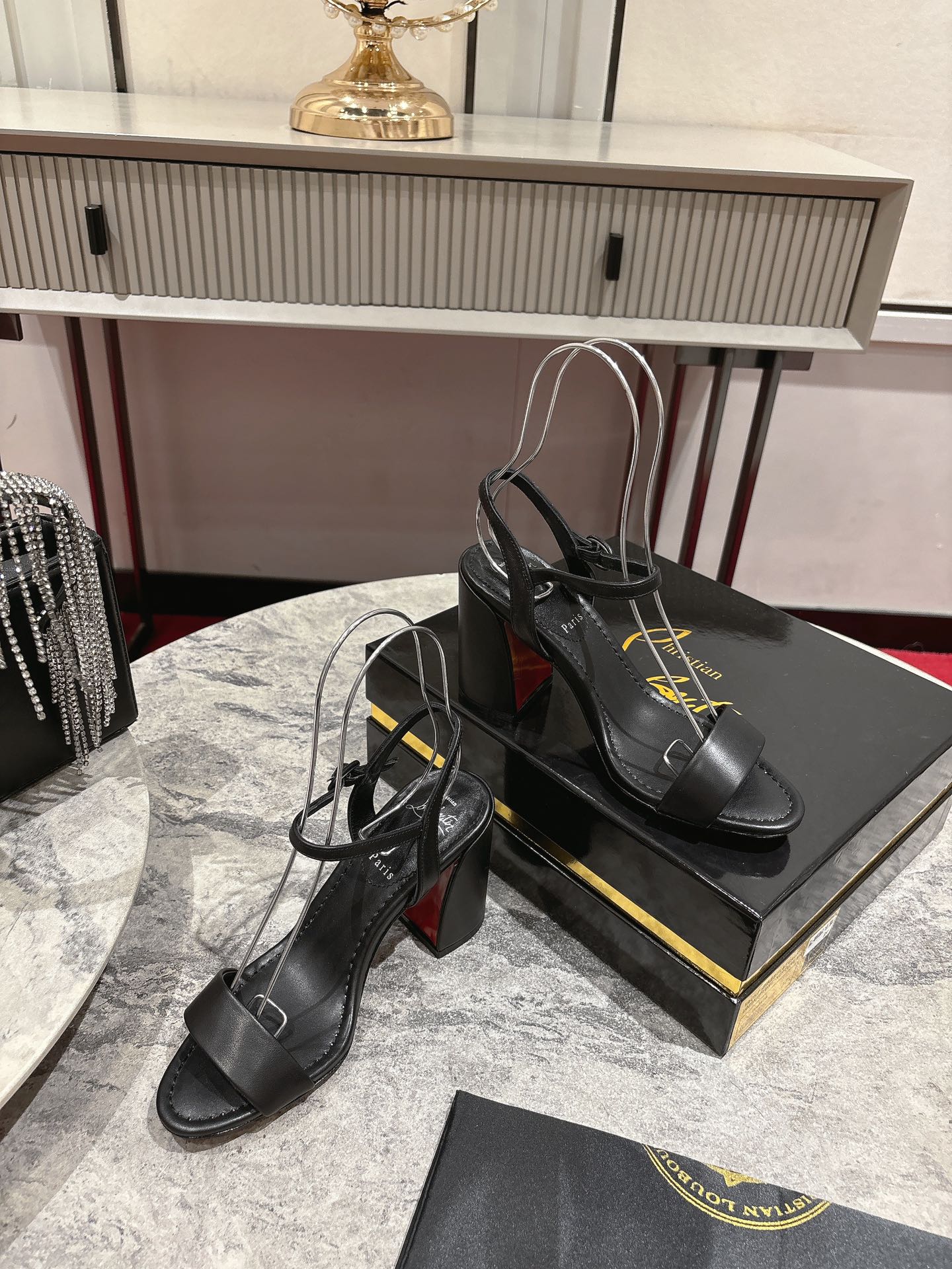 Christian Louboutin Black Leather Block Heel Sandals with Ankle Strap 4 i1744879473 3305 4