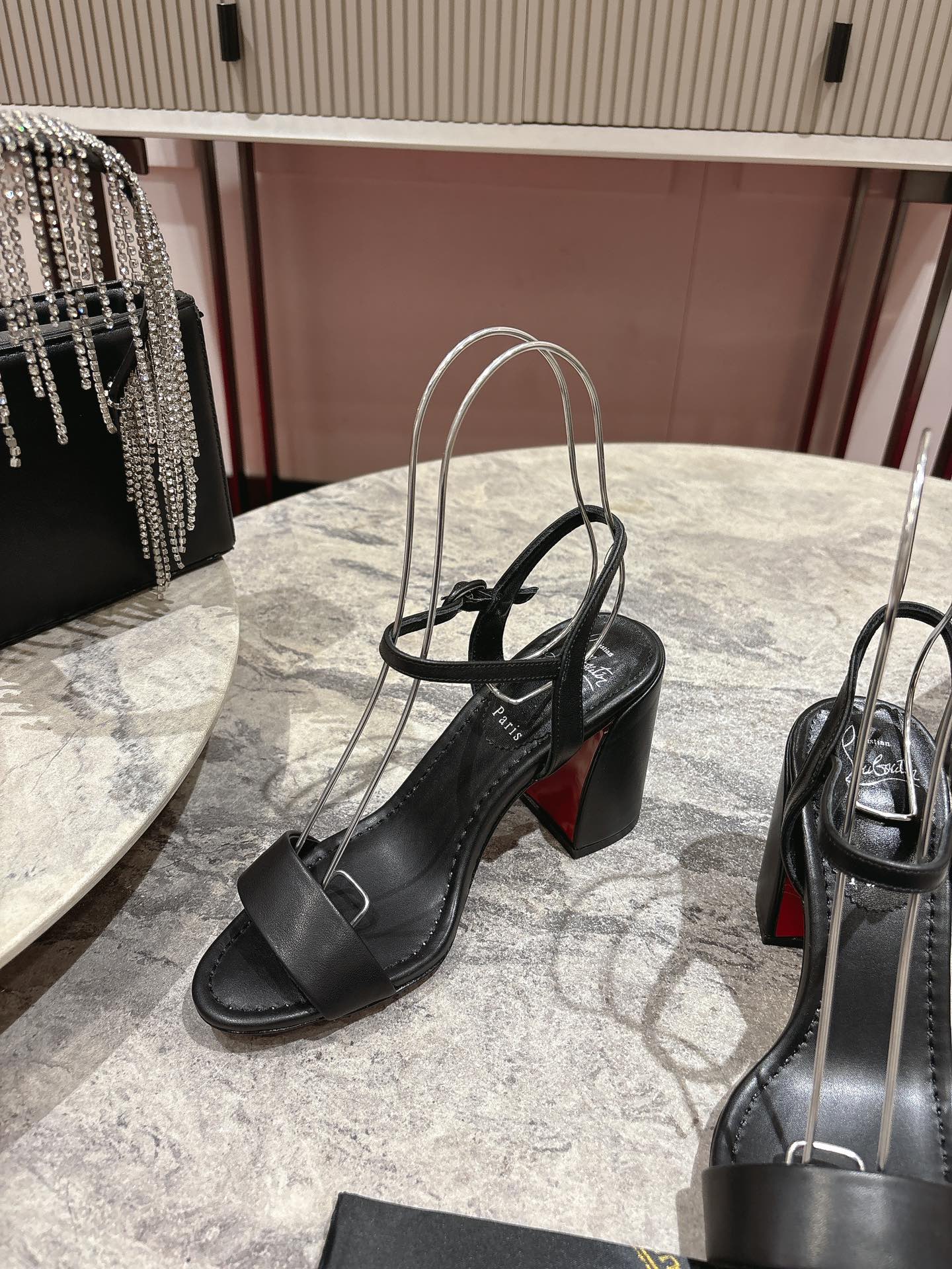Christian Louboutin Black Leather Block Heel Sandals with Ankle Strap 5 i1744879473 547 5