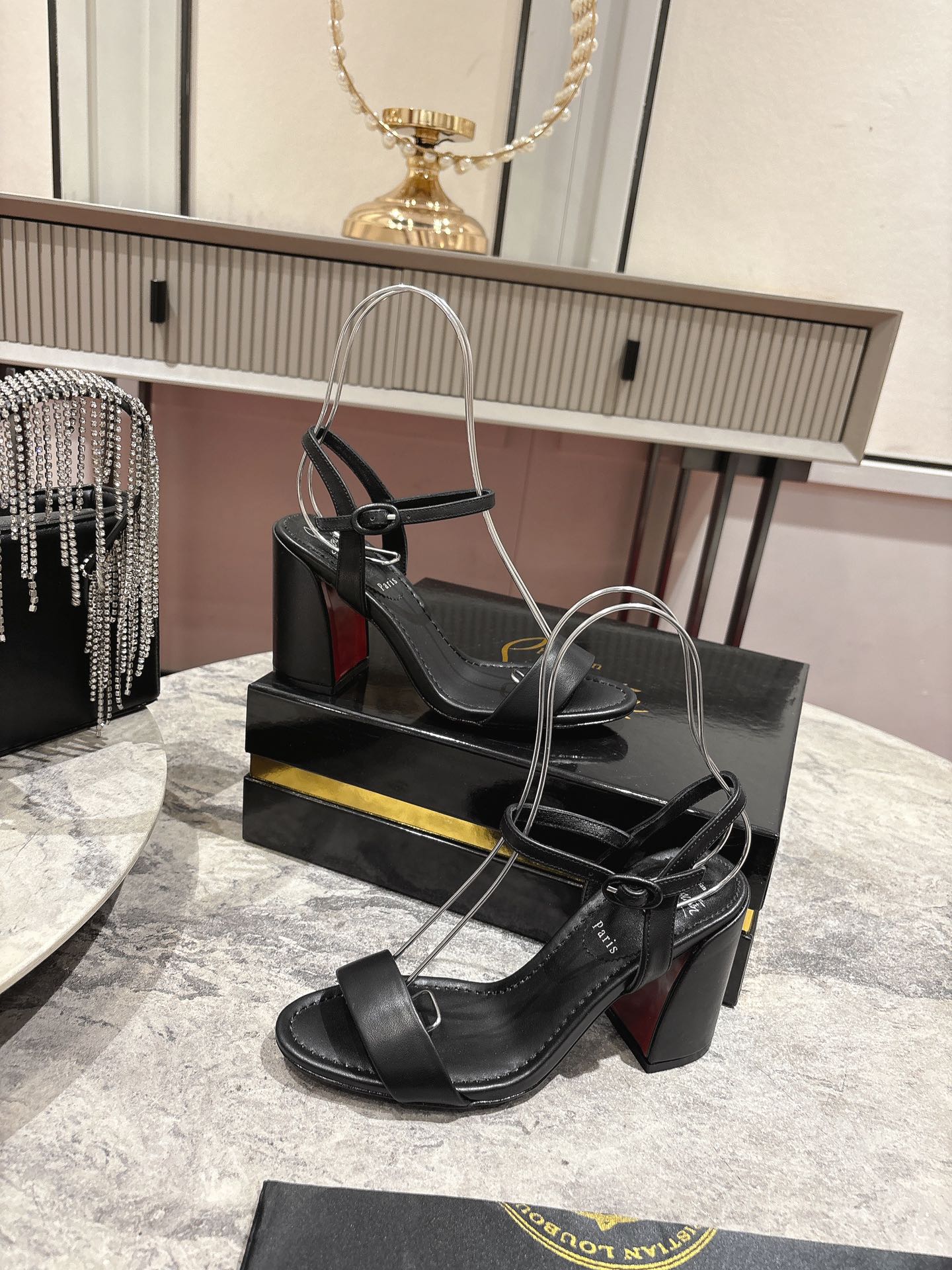 Christian Louboutin Black Leather Block Heel Sandals with Ankle Strap 1 Christian Louboutin Black Leather Block Heel Sandals with Ankle Strap
