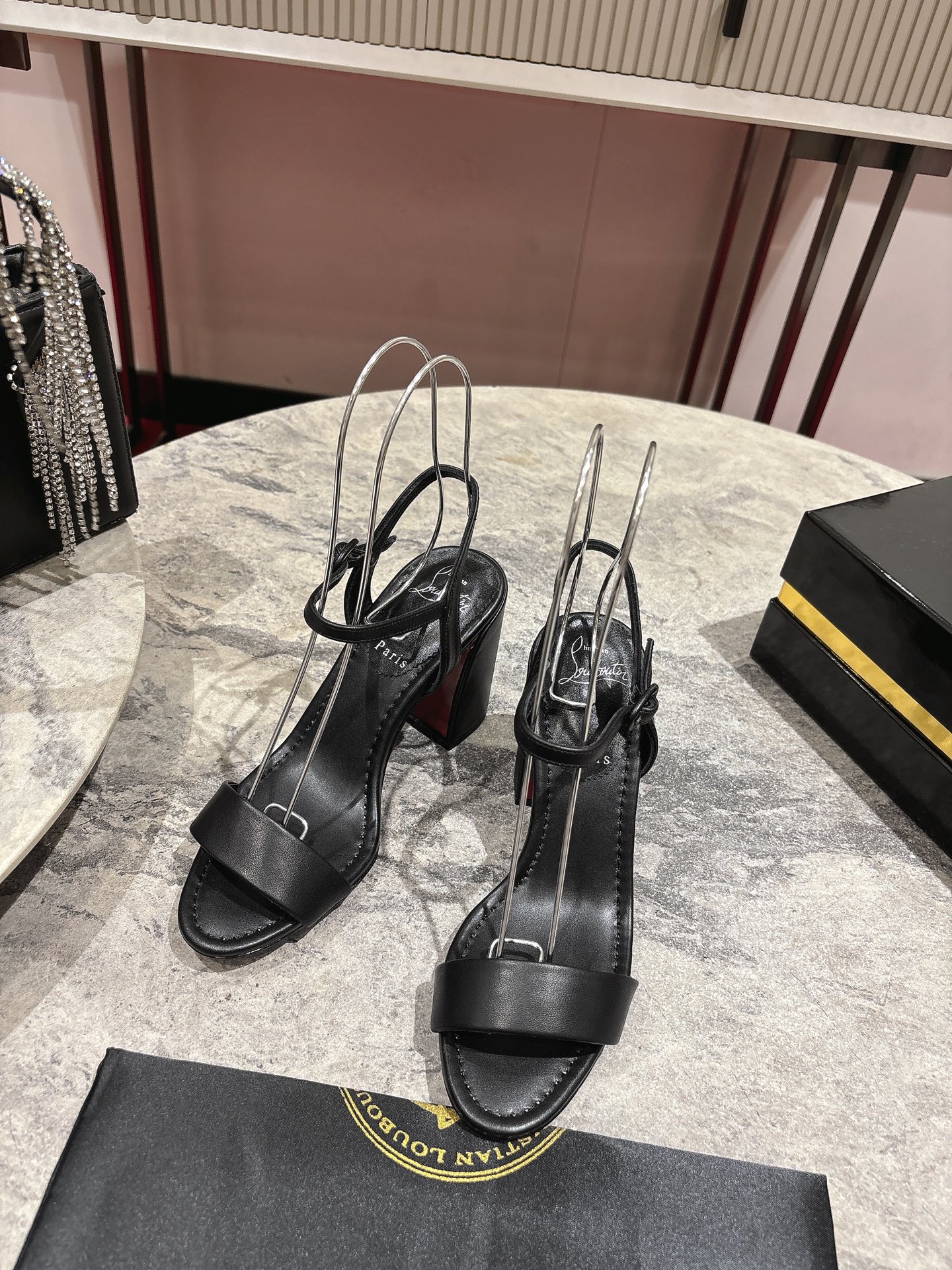 Christian Louboutin Black Leather Block Heel Sandals with Ankle Strap 3 i1744879481 5643 0