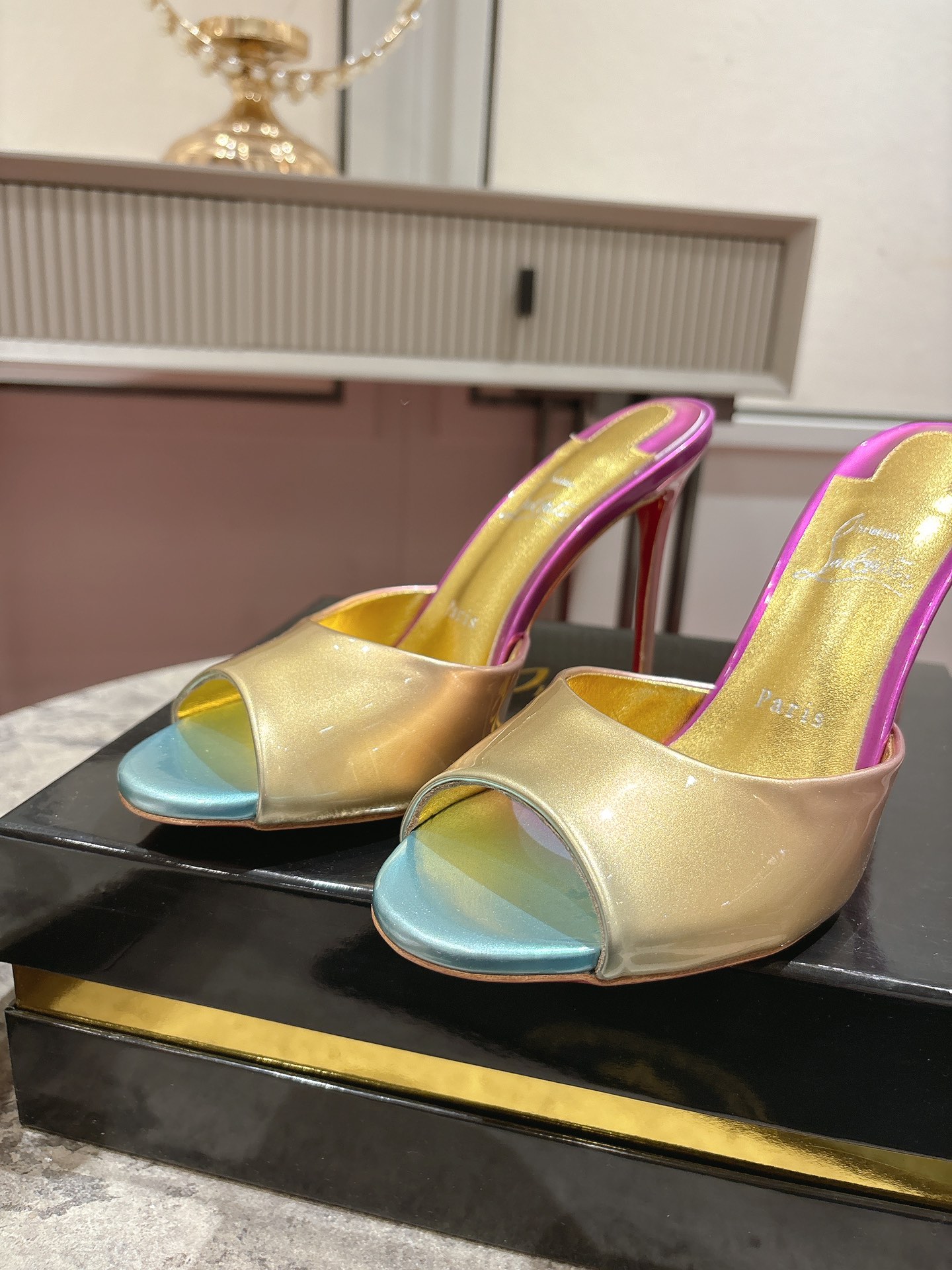 Christian Louboutin Gold Leather High Heel Mules Women Shoes 9 i1744880467 7061 8