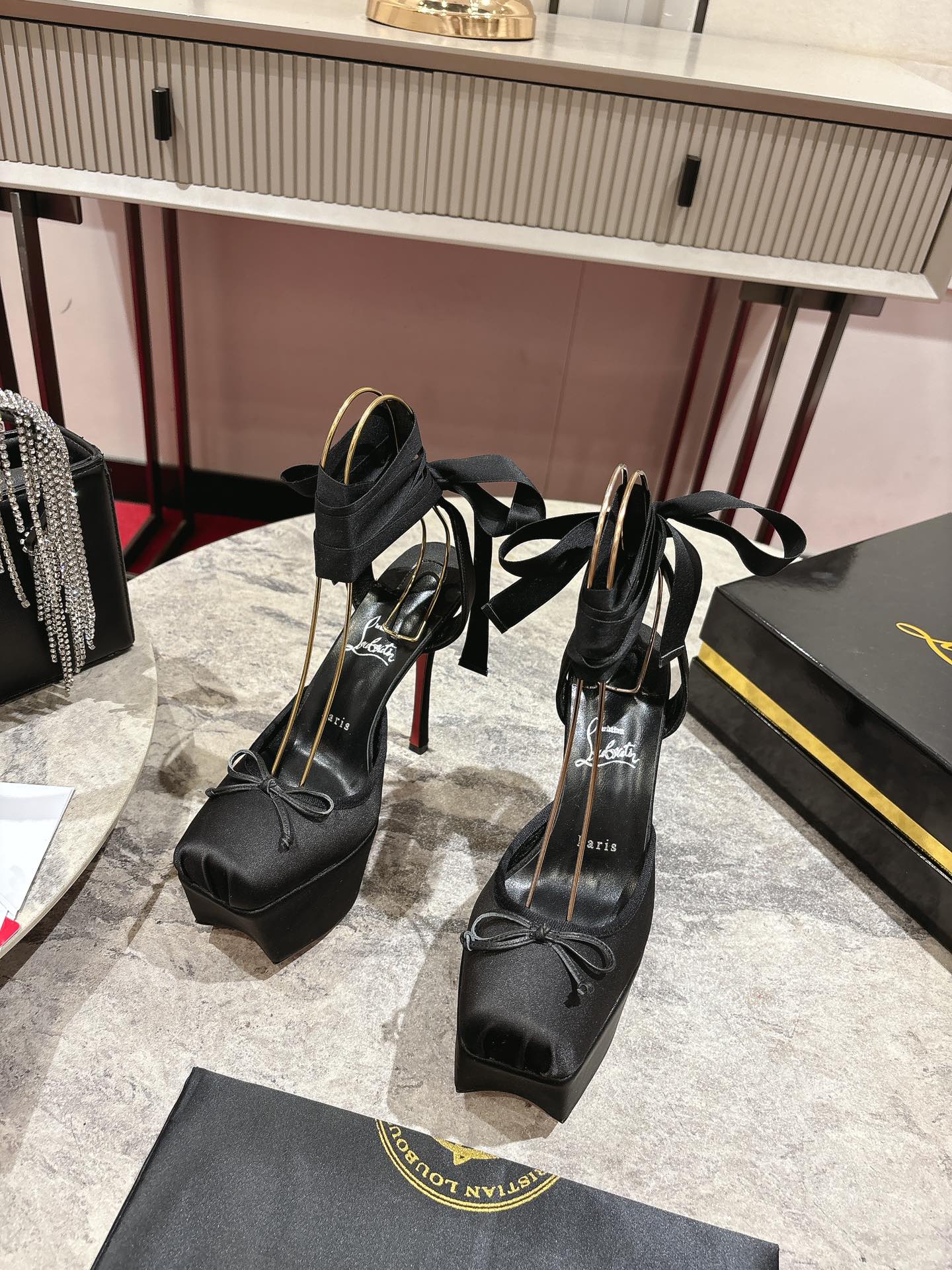 Christian Rubuto’s Ballerina Inspired Cassia Lace Up Heels – Rose Print Silk, 150mm Heel