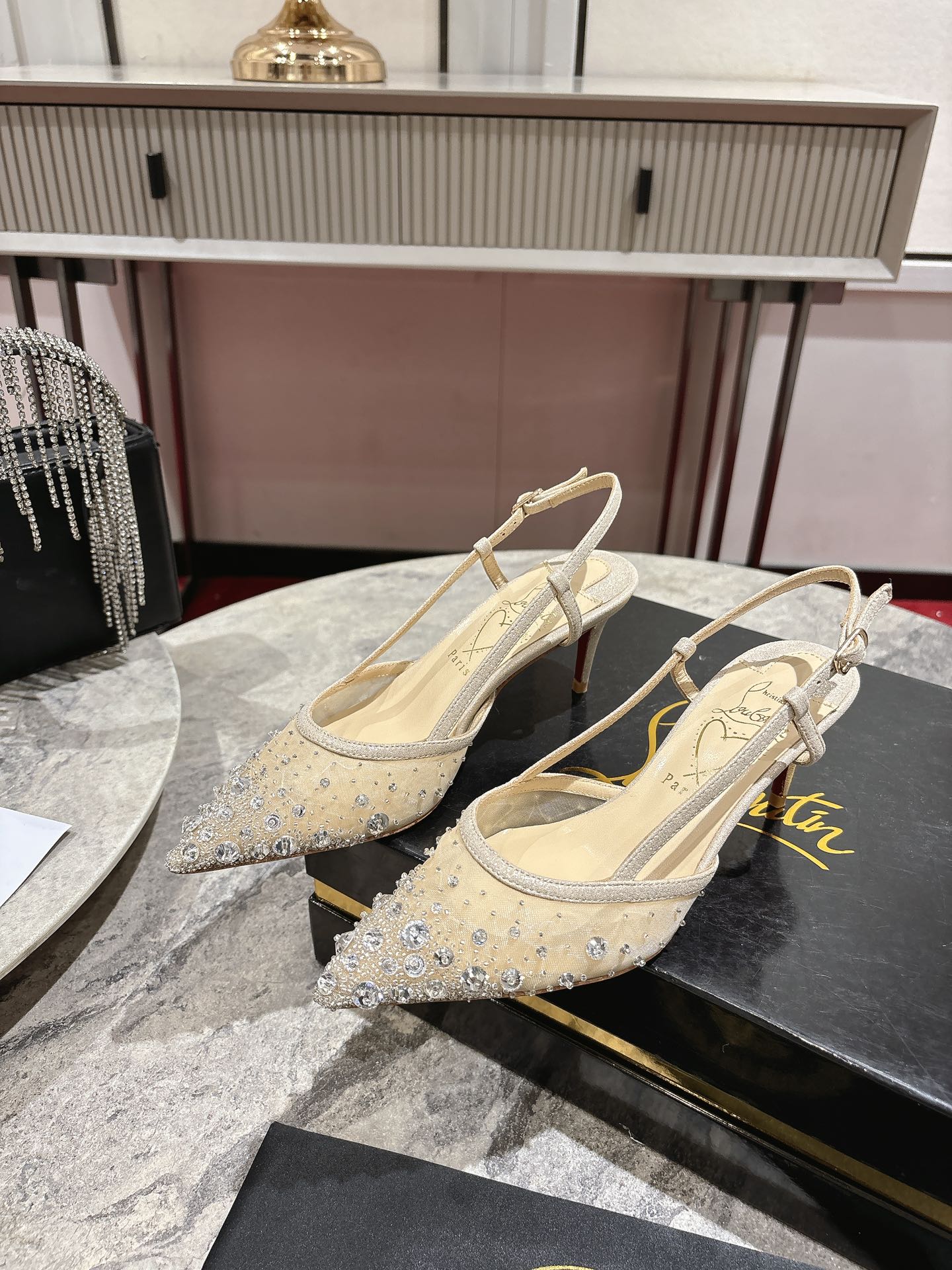 Luxury White Almond Crystal Beaded Heels by Christian Louboutin – 65mm Heel Height | Size 34-42