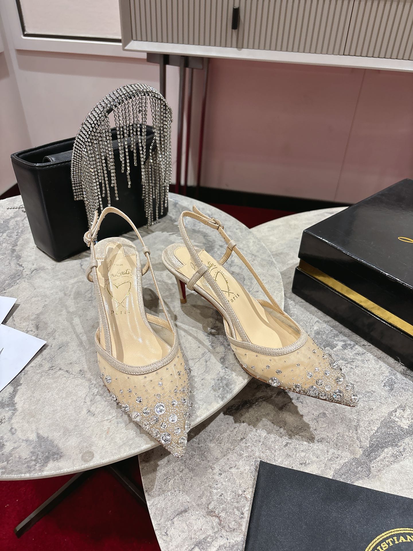 Luxury White Almond Crystal Beaded Heels by Christian Louboutin – 65mm Heel Height | Size 34-42 - 图片 5
