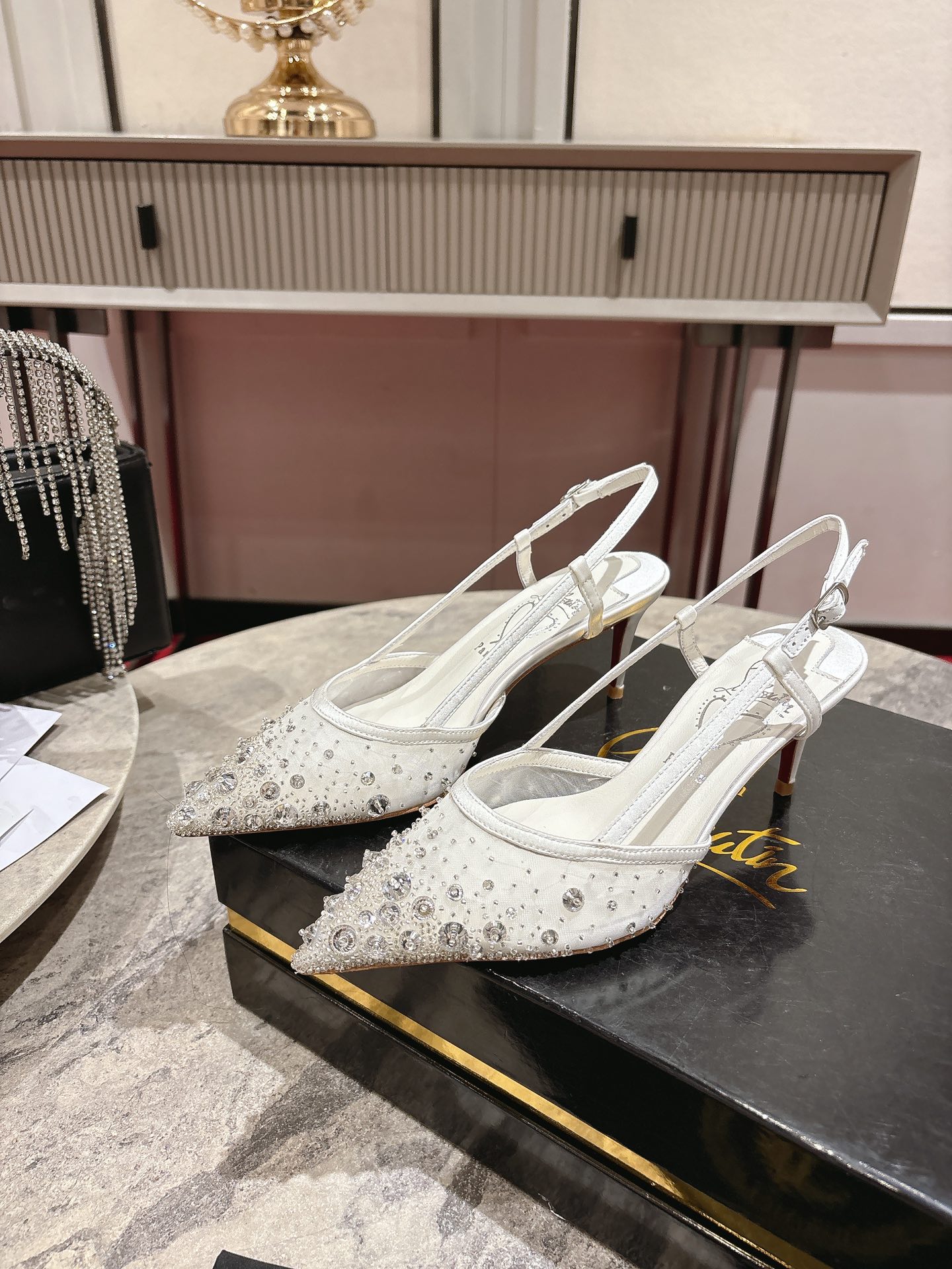 “White Almond Crystal Beaded Shoe with 65mm Heel by Christian Louboutin | Size 34-42”