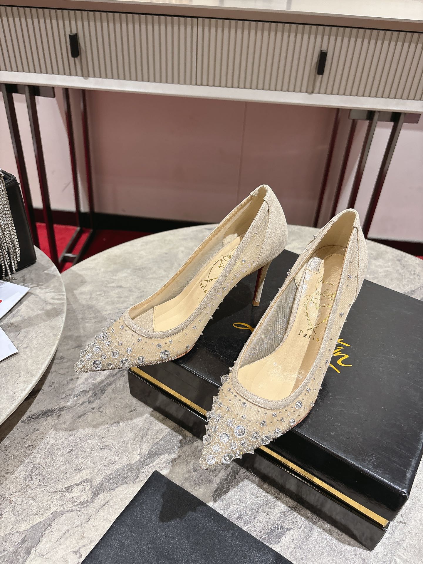 Luxury White Almond Crystal Beaded Heels by Christian Louboutin – 85mm Height | Size 34-42 – SEO-friendly title.