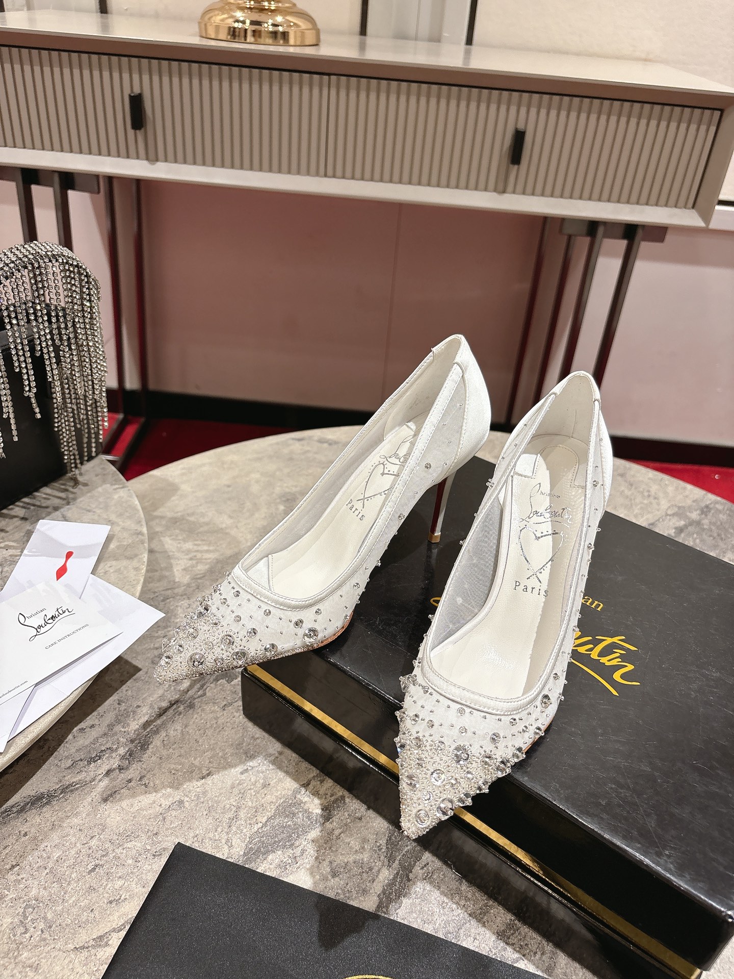 “White Almond Crystal Beaded Christian Louboutin Heels with 85mm Heel Height, Size 34-42”