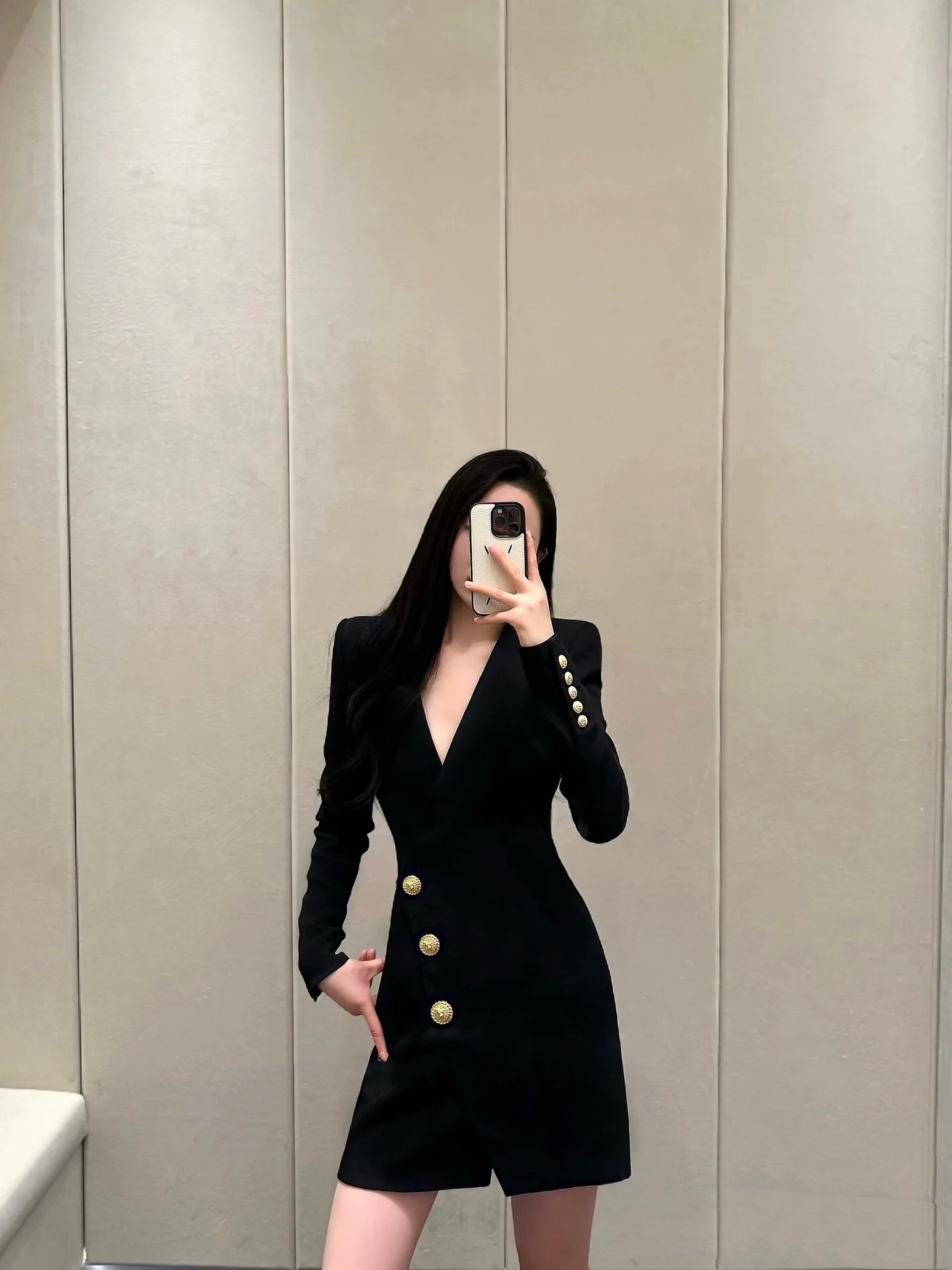 Balmain Black Velvet V-Neck Gold Button Waist Slimming Dress 9 a1759851990599 3878