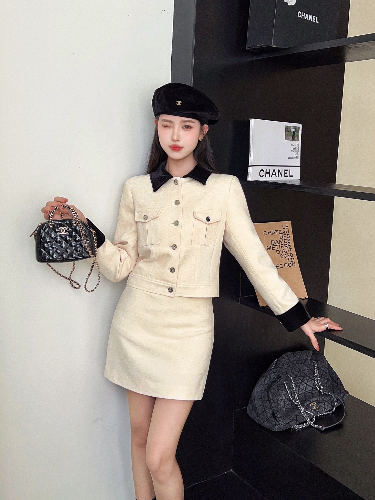 Wool Blend Skirt Suit with Velvet Collar, Retro Style, Slim Fit 10 a1759938378131 1133