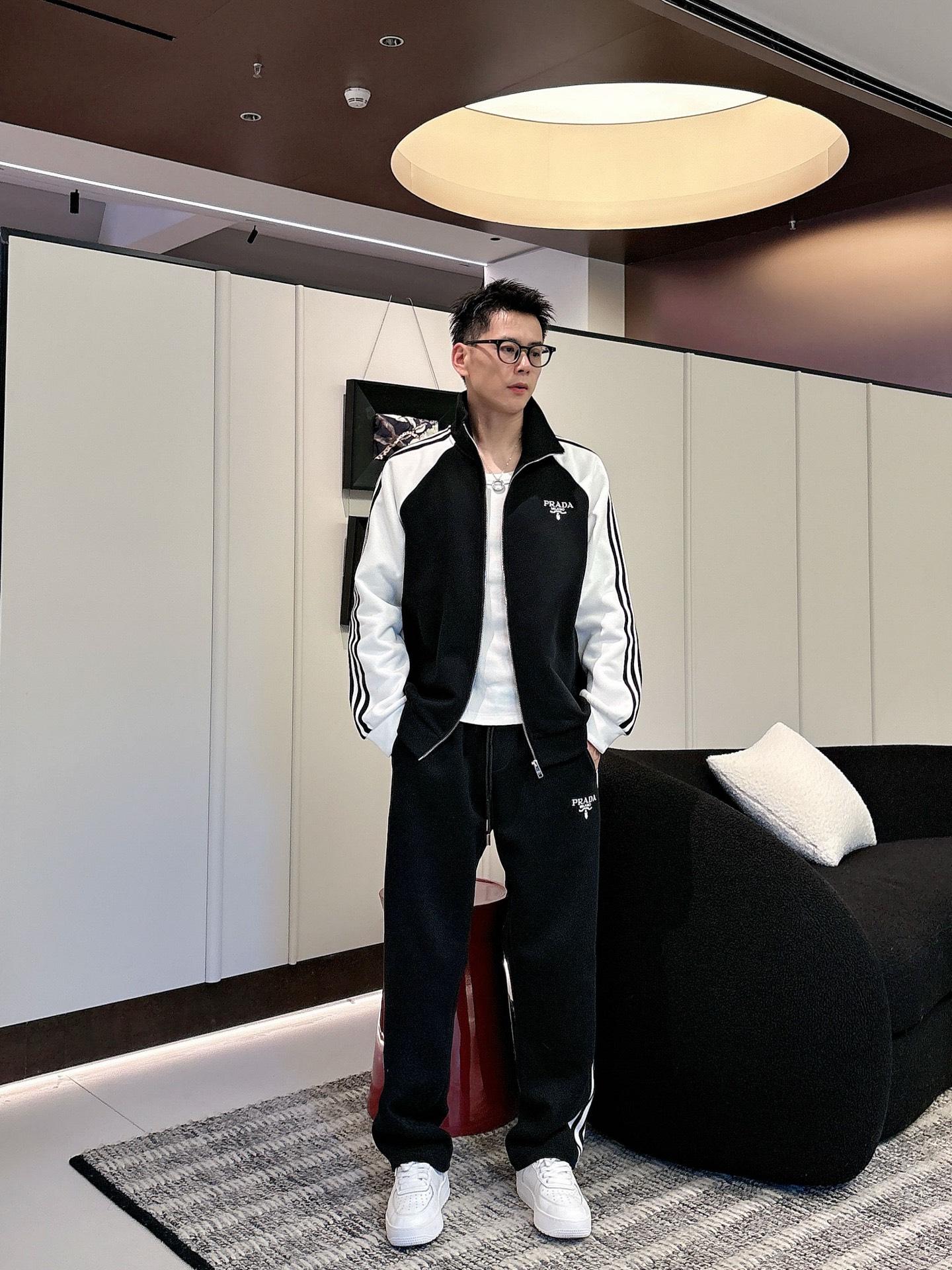 Prada Men's Black & White Two-Piece Tracksuit with Logo Embroidery, M-3XL