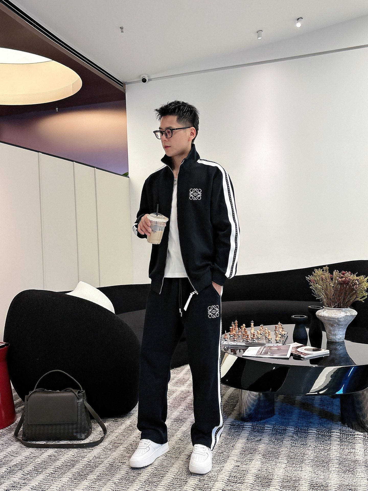 Loewe Men's Black Cotton Blend Tracksuit with Logo and Stripe Detail