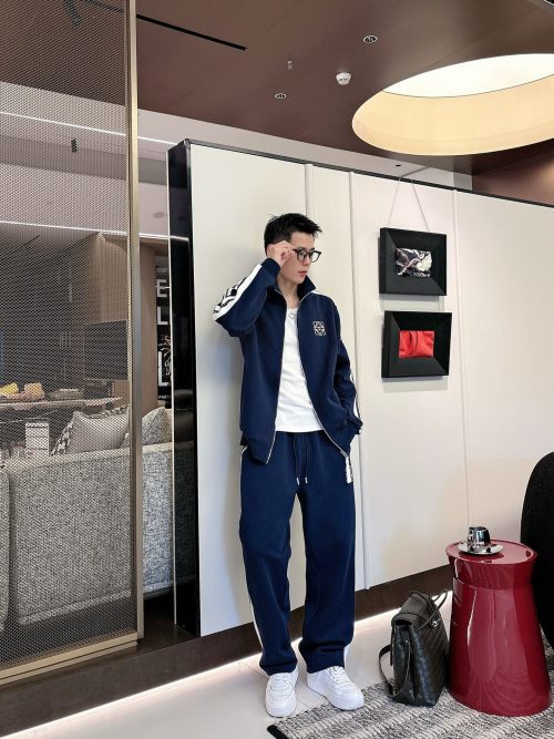 Loewe Men's Navy Blue Tracksuit with White Stripe, Logo Embroidery 1 Loewe Men's Navy Blue Tracksuit with White Stripe, Logo Embroidery