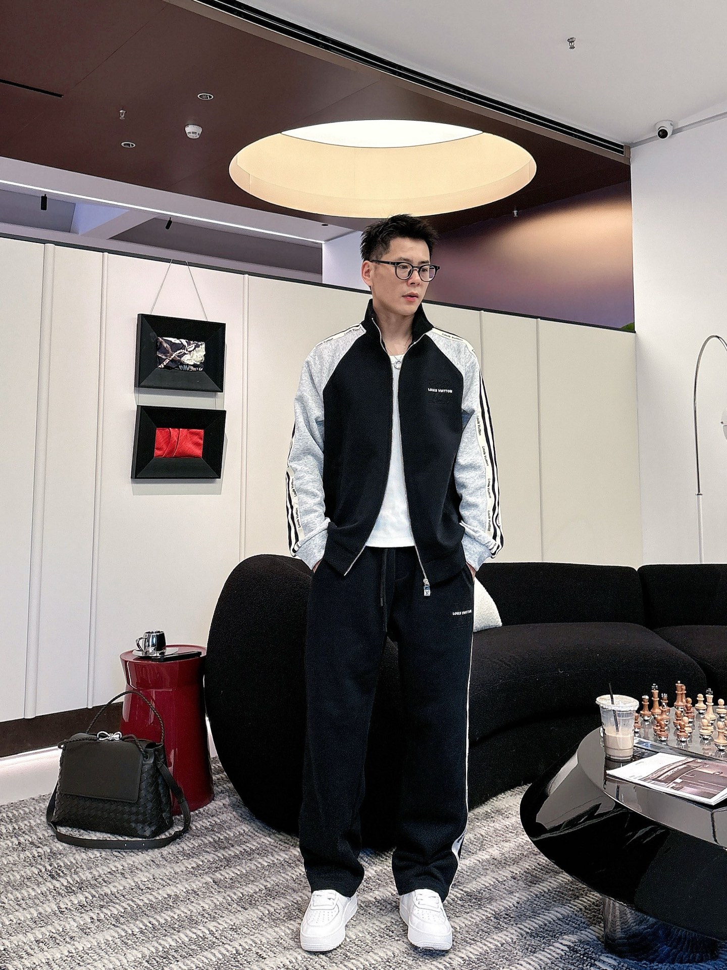 Louis Vuitton Men's Black & Grey Tracksuit Set, Designer Logo, Casual Style