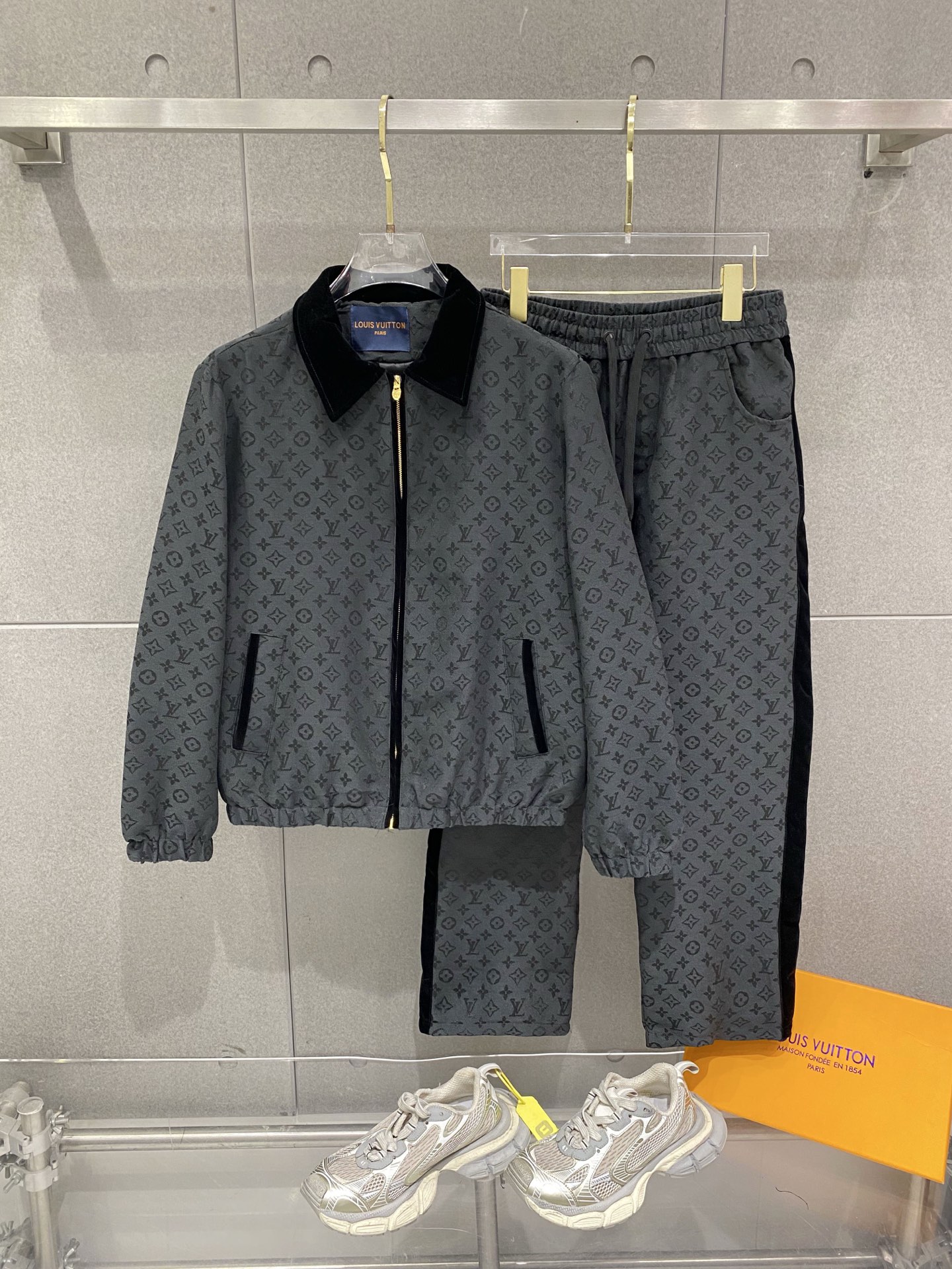 Gray Monogram Zip Jacket and Pants Set